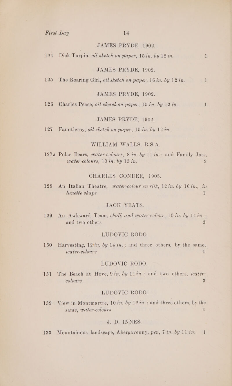 JAMES PRYDE, 1902. 124 Dick Turpin, o7/ sketch on paper, 15 in. by 12 in. 1 JAMES PRYDE, 1902. 125 The Roaring Girl, ot/ sketch on paper, 16in. by 12 an. j JAMES PRYDE, 1902. 126 Charles Peace, oz! sketch on paper, 15 in. by 12 tn. } JAMES PRYDE, 1902. 127 Fauntleroy, oil sketch on paper, 15 in. by 12 tn. WILLIAM WALLS, R.S.A. 128 129 130 131 water-colours, 10 in. by 13 in. D CHARLES CONDER, 1905. An Italian Theatre, water-colour on silk, 12in. by 16in., in lunette shape 1 JACK YEATS. An Awkward Team, chalk and water-colour, 10 in. by 147n. ; and two others 3 LUDOVIC RODO. Harvesting, 12%”. by 147n.; and three others, by the same, water-colours 4 LUDOVIC RODO. The Beach at Hove, 9in. by llin.; and two others, water- colours 3 LUDOVIC RODO. View in Montmartre, 107m. by 127n.; and three others, by the same, water-colours 4 J. D. INNES. Mountainous landscape, Abergavenny, pen, Tin. by llin. |}