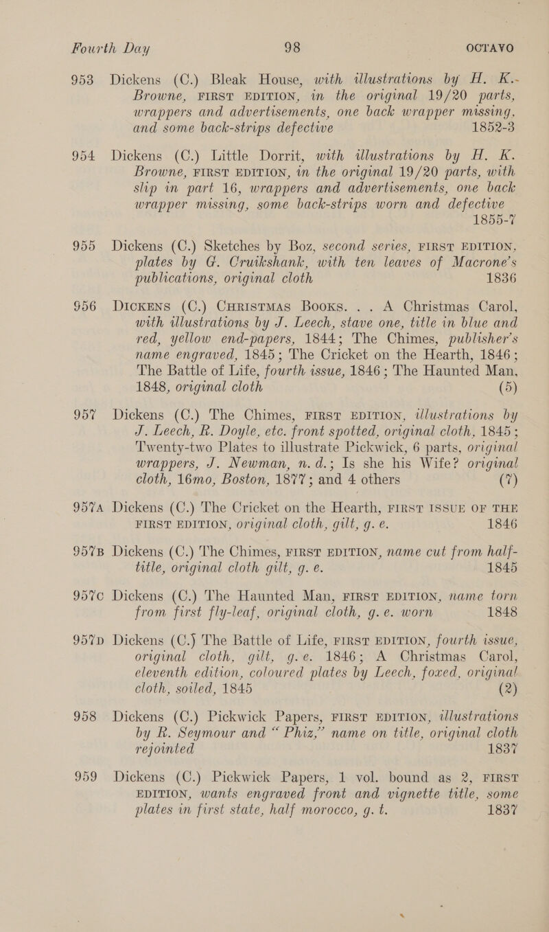 953 Dickens (C.) Bleak House, with tlustrations by H. K.- Browne, FIRST EDITION, in the original 19/20 parts, wrappers and advertisements, one back wrapper missing, and some back-strips defectwe 1852-3 954 Dickens (C.) Little Dorrit, with illustrations by H. K. Browne, FIRST EDITION, in the original 19/20 parts, with slip in part 16, wrappers and advertisements, one back wrapper missing, some back-strips worn and defective 1855-7 955 Dickens (C.) Sketches by Boz, second series, FIRST EDITION. plates by G. Crutkshank, with ten leaves of Macrone’s publications, original cloth 1836 §56 DickENs (C.) CHristmas Books. .. A Christmas Carol, with wlustrations by J. Leech, stave one, title in blue and red, yellow end-papers, 1844; The Chimes, publisher's name engraved, 1845; The Cricket on the Hearth, 1846 ; The Battle of Life, fourth issue, 1846 ; The Haunted Man, 1848, original cloth (5) 957 Dickens (C.) The Chimes, FIRST EDITION, tlustrations by J. Leech, R. Doyle, etc. front spotted, original cloth, 1845 ; T'wenty-two Plates to illustrate Pickwick, 6 parts, original wrappers, J. Newman, n.d.; Is she his Wife? original cloth, 16mo, Boston, 1877; and 4 others (7) 9574 Dickens (C.) The Cricket on the Hearth, FIRST ISSUE OF THE FIRST EDITION, original cloth, gult, gq. e. 1846 957B Dickens (C.) The Chimes, FIRST EDITION, name cut from half- title, original cloth gilt, g. e. 1845 95%7C Dickens (C.) The Haunted Man, FIRST EDITION, name torn from first fly-leaf, original cloth, g.e. worn 1848 95%D Dickens (C.) The Battle of Life, rrrstT EDITION, fourth issue, original cloth, gilt, g.e. 1846; A Christmas Carol, eleventh edition, coloured plates by Leech, foxed, original cloth, soiled, 1845 (2) 958 Dickens (C.) Pickwick Papers, FIRST EDITION, wlustrations by hk. Seymour and “ Phiz,’ name on title, orrgynal cloth rejounted 1837 959 Dickens (C.) Pickwick Papers, 1 vol. bound as 2, FIRST EDITION, wants engraved front and vignette title, some plates wm first state, half morocco, g. t. 1837