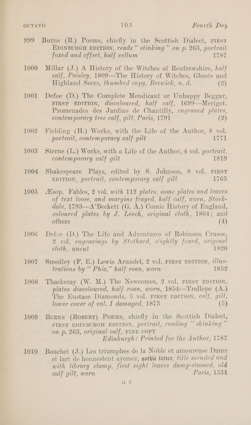 1000 1001 1002 1003 1004 1005 1006 1007 1008 1009 1010 EDINBURGH EDITION, reads “ stinking” on p. 263, portrait foxed and offset, half vellum LS Millar (J.) A History of the Witches of Renfrewshire, half calf, Paisley, 1809—The History of Witches, Ghosts and Highland Seers, thumbed copy, Berwick, n. d. (2) Defoe (D.) The Complete Mendicant or Unhappy Beggar, FIRST EDITION, discoloured, half calf, 1699—Merigot. Promenades des Jardins de Chantilly, engraved plates, contemporary tree calf, gilt, Paris, 1791 (2) Fielding (H.) Works, with the Life of the Author, 8 vol. portrait, contemporary calf gut (ara Sterne (L.) Works, with a Life of the Author, 4 vol. portrait, contemporary calf gilt 1819 Shakespeare Plays, edited by 8S. Johnson, 8 vol. FIRST EDITION, portrait, contemporary calf gilt 1765 fEsop. Fables, 2 vol. with 112 plates, some plates and leaves of text loose, and margins frayed, half calf, worn, Stock- dale, 1793—A’ Beckett (G. A.) Comic History of England, coloured plates by J. Leech, original cloth, 1864; and others (4) Defoe (D.) The Life and Adventures of Robinson Crusoe, 2 vol. engravings by Stothard, slightly foxed, original cloth, uncut 1820 Smedley (F. E.) Lewis Arundel, 2 vol. FIRST EDITION, tlus- trations by “ Phiz,” half roan, worn 1852 Thackeray (W. M.) The Newcomes, 2 vol. FIRST EDITION, plates discoloured, half roan, worn, 1854—Trollope (A.) The Eustace Diamonds, 3 vol. FIRST EDITION, calf, gult, lower cover of vol. I damaged, 1873 (5) Burns (Ropert) Poems, chiefly in the Scottish Dialect, FIRST EDINBURGH EDITION, portrait, reading “ skinking ” on p. 263, original calf, FINE COPY Edinburgh: Printed for the Author, 1787 Bouchet (J.) Les triumphes de la Noble et amoureuse Dame et lart de honnestent ayemer, gothic letter, title mended and with library stamp, first eight leaves damp-stained, old calf gilt, worn Paris, 1534 i}