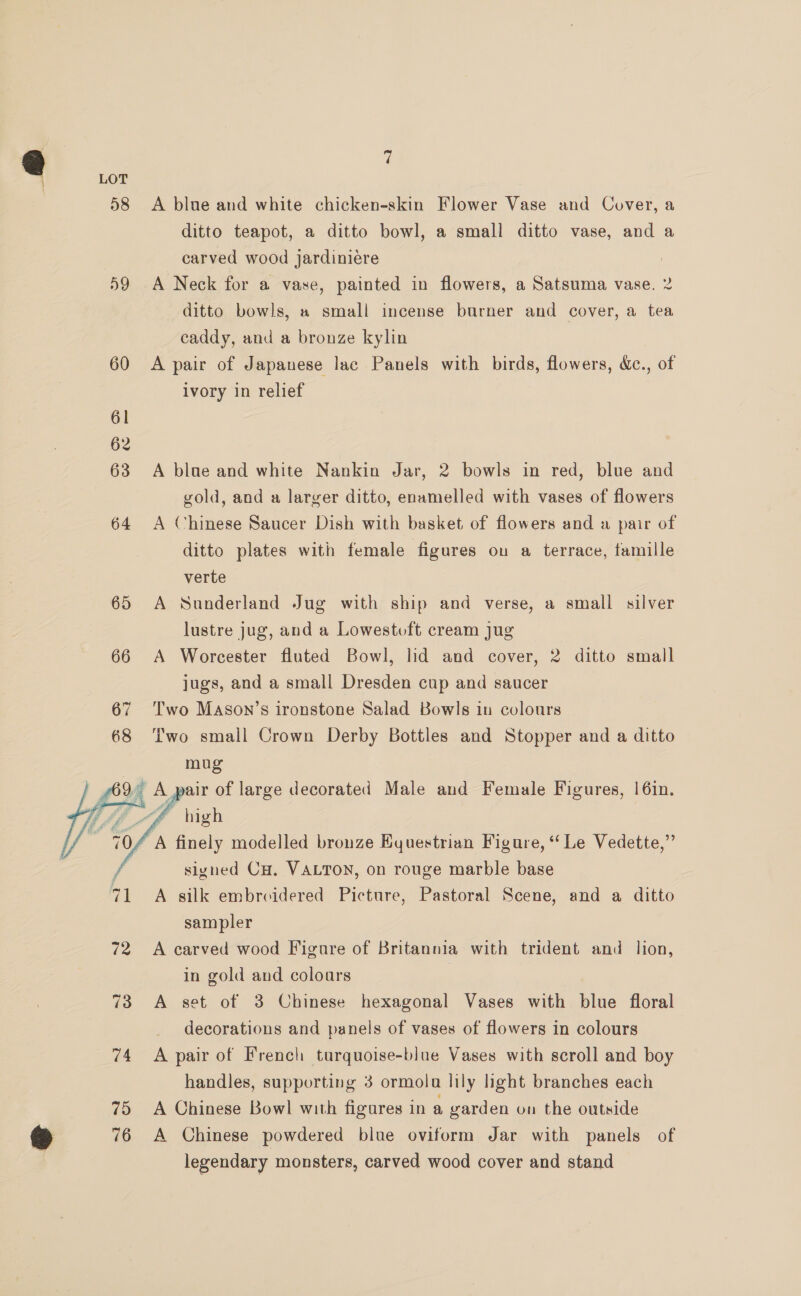 58 D9 60 61 62 63 64 65 66 67 68  72 73 74 75 2 76 7 A blue and white chicken-skin Flower Vase and Cover, a ditto teapot, a ditto bowl, a small ditto vase, and a carved wood jardiniére A Neck for a vase, painted in flowers, a Satsuma vase. 2 ditto bowls, a» small incense burner and cover, a tea caddy, and a bronze kylin A pair of Japanese lac Panels with birds, flowers, &amp;., of ivory in relief A blue and white Nankin Jar, 2 bowls in red, blue and yold, and a larger ditto, enamelled with vases of flowers A Chinese Saucer Dish with basket of flowers and a pair of ditto plates with female figures ou a terrace, famille verte A Sunderland Jug with ship and verse, a small silver lustre jug, and a Lowestuft cream jug A Worcester fluted Bowl, lid and cover, 2 ditto small jugs, and a small Dresden cup and saucer Two Mason’s ironstone Salad Bowls in colours Two small Crown Derby Bottles and Stopper and a ditto mug pair of large decorated Male and Female Figures, |6in. “A high A finely modelled bronze Equestrian Figure, ‘Le Vedette,”’ signed Cu. VALTON, on rouge marble base A silk embroidered Picture, Pastoral Scene, and a ditto A  sampler A carved wood Figure of Britannia with trident and lion, in gold and coloars A set of 3 Chinese hexagonal Vases with blue floral decorations and panels of vases of flowers in colours A pair of French turquoise-blue Vases with scroll and boy handles, supporting 3 ormola lily light branches each A Chinese Bowl with figures in a garden on the outside A Chinese powdered blue oviform Jar with panels of legendary monsters, carved wood cover and stand