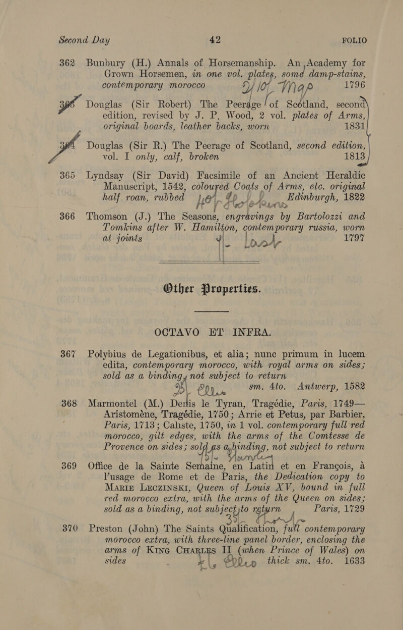 362 Bunbury (H.) Annals of Horsemanship. An ,Academy for Grown Horsemen, in one vol. plates, some damp-stains, contemporary morocco Y A wa G yP 1796 Douglas (Sir Robert) The pedal: of Scédtland, second edition, revised by J. P. Wood, 2 vol. plates of Arms, original boards, leather backs, worn 1831 ~ Douglas (Sir R.) The Peerage of Scotland, second edition, vol. I only, calf, broken 1818 365 Lyndsay (Sir David) Facsimile of an Ancient Heraldic Manuscript, 1542, colou 4p Coats of Arms, etc. original half roan, rubbed he Dp A Edinbur gh, 1822 Oe - “PUA 366 Thomson (J.) The erie ya tes by Bartolozzi and Tomkus after W. Hamilton, Rk russia, worn at jomts | ry na4y 1797   —&lt; Other Properties. OCTAVO ET INFRA. 367 Polybius de Legationibus, et alia; nunc primum in lucem edita, contemporary morocco, with royal arms on sides; sold as a binding, not subject to return x O20 sm. 4to. Antwerp, 1582 368 Marmontel (M.) oe le Tyran, Tragédie, Paris, 1749— Aristoméne, Tragédie, 1750; Arrie et Petus, par Barbier, Paris, 17 13; Cahste, 1750, in 1 vol. contemporary full red morocco, gilt edges, with the arms of the Comtesse de Provence on sides; sol Se a yyinaing. not subject to return 369 Office de la Sainte Se ae Mo Latin et en Frangois, a Vusage de Rome et de Paris, the Dedication copy to Marign LEcZINSKI, Queen. of Louis X V, bound wm full red morocco extra, with the arms of the Queen on sides; sold as a binding, not seb acct return Paris, 1729 in, Chat 3870 Preston (John) The Saints ne ee full contemporary morocco extra, with three-line panel border, enclosing the arms of Kine Se IL (when Prince of Wales) on sides |, Pep thick sm. 4to. 1633 re