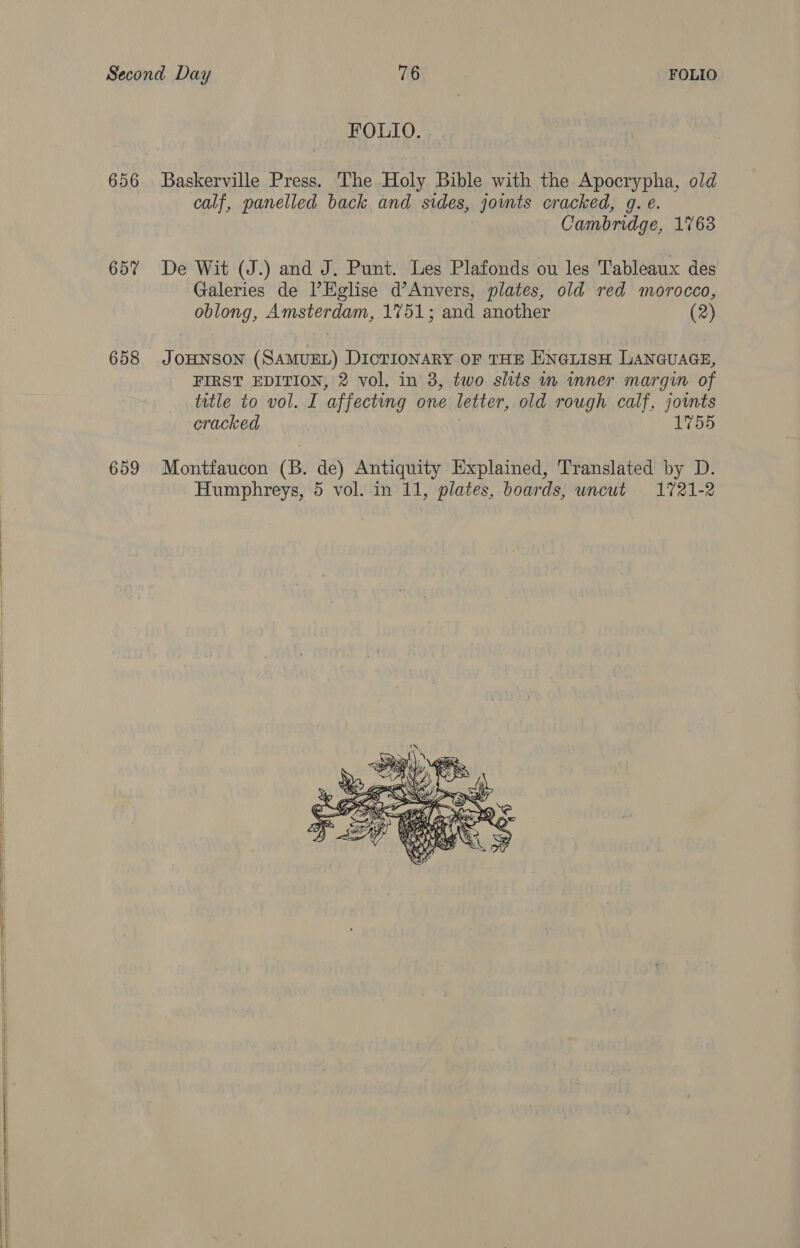  656 657 658 659 FOLIO. Baskerville Press. The Holy Bible with the Apocrypha, old calf, panelled back and sides, jomts cracked, gq. e. Cambridge, 1763 De Wit (J.) and J. Punt. Les Plafonds ou les Tableaux des Galeries de l’Eglise d’Anvers, plates, old red morocco, oblong, Amsterdam, 1751; and another (2) JOHNSON (SAMUEL) DICTIONARY OF THE ENGLISH LANGUAGE, FIRST EDITION, 2 vol, in 3, two slits in wmner margin of title to vol. I affecting one letter, old rough calf, jomts cracked 1755 Montfaucon (B. de) Antiquity Explained, Translated by D. 
