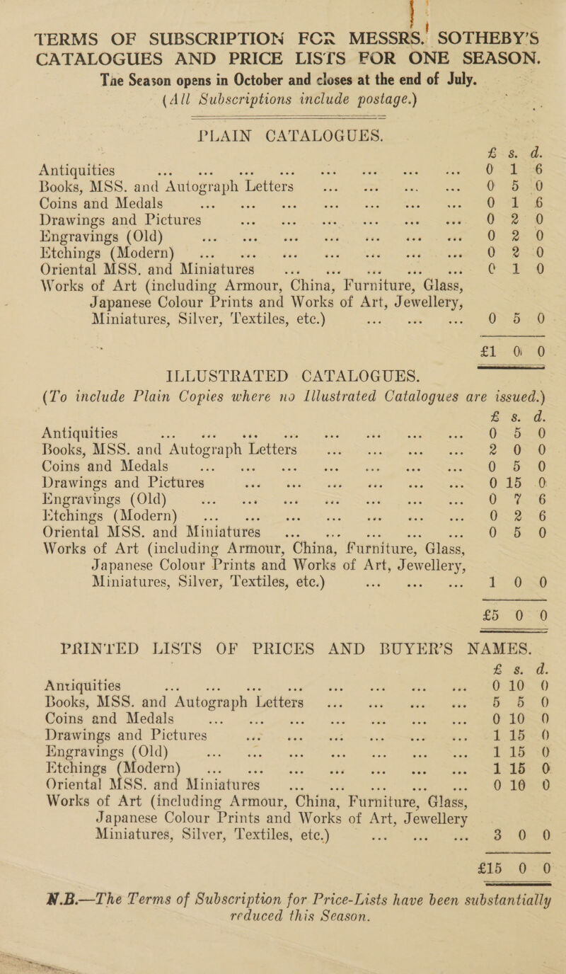 (All Subscriptions include postage.)    PLAIN CATALOGUES. Audiences ; Books, MSS. and Autograph L Letters Coins and Medals Drawings and Pictures Engravings (Old) Ktchings (Modern) : Oriental MSS. and Miniatures ts Works of Art (including Armour, China, “Furniture, ‘Glass, Japanese Colour Prints and Works of Art, @ ewellery Miniatures, Silver, Textiles, etc.) ILLUSTRATED CATALOGUES. Antiquities Books, MSS. and Autograph I Letters Coins and Medals Drawings and Pictures Engravings (Old) Itchings (Modern) | Oriental MSS. and Miniatures Works of Art (including Armour, China, f urniture, Glass, Japanese Colour Prints and Works of Art, Jewellery, Miniatures, Silver, Textiles, etc.) Antiquities Books, MSS. and Autograph 1 Letters Coins and Medals Drawings and Pictures Mngravings (Old) Etchings (Modern) Oriental MSS. and Miniatures Works of Art (including Armour, China, “Furniture, ‘Glass, Japanese Colour Prints and Works of Art, J ewellery Miniatures, Silver, Textiles, etc.) reduced this Season. 83,0. 0 &lt;ES6 0 § 20 0 i-6 1 ia dsr) Ge 20 0-328 te ee.) Pele sees £1 G0 o Cae. eee ee a 0-9 0: BO O 55° --0, fee eae 5 Ge 6 0-8 1 OSD £5 0 0 % 8. &amp;. A poe ef § 6 0 10—0 115.0 1: 3 115 0 010 O 3 0