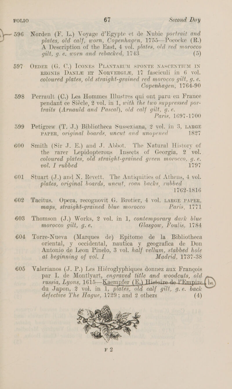 \~ 596 Norden (F. L.) Voyage d’Egypte et de Nubie portrait and plates, old calf, worn, Copenhagen, 1755—Pococke (R.) A Description of the East, 4 vol. plates, old red morocco gilt, g. e. worn and rebacked, 1743 (5) 597% OxpER (G. C.) IcoNES PLANTARUM SPONTE NASCENTIUM IN REGNIS DANL® Er NorverRGIa, 17 fasciculi in 6 vol. coloured plates, old straight-grained red morocco gilt, g. é. Copenhagen, 1764-90 598 Perrault (C.) Les Hommes Illustres qui ont paru en France pendant ce Siécle, 2 vol. in 1, with the two suppressed por- traits (Arnauld and Pascal), old calf gilt, g. e. Paris, 1697-1700 599 Petigrew (T. J.) Bibliotheca Sussexiana, 2 vol. in 3, LARGE PAPER, original boards, uncut and unopened 1827 600 Smith (Sir J. E.) and J. Abbot. ‘The Natural History of the rarer Lepidopterous Insects of Georgia, 2 vol. coloured plates, old straight-grained green morocco, g. é. vol. I rubbed vey 601 Stuart (J.) and N. Revett. The Antiquities of Athens, 4 vol. plates, original boards, uncut, roan backs, rubbed 1762-1816 602 Tacitus. Opera, recognovit G. Brotier, 4 vol. LARGE PAPER, maps, straight-grained blue morocco Raris, 1771 603 ‘Thomson (J.) Works, 2 vol. in 1, contemporary dark blue morocco gilt, g. e. Glasgow, Foulis, 1784 604 ‘Torre-Nueva (Marques de) Epitome de la _ Bibliotheca oriental, y occidental, nautica y geografica de Don Antonio de Leon Pinelo, 3 vol. half vellum, stabbed hole at beginning of vol. I Madrid, 1737-38 605 Valerianos (J. P.) Les Hiéroglyphiques donnez aux Francois par I. de Montlyart, engraved title and woodcuts, old russia, Lyons, 1610-—“Kacmpfer (H,) Histoire de! Epis (i) du Japon, 2 vol. in 1, plates, old calf gilt, g.e. back defectwwe The Hague, 1729: and 2 others (4) 