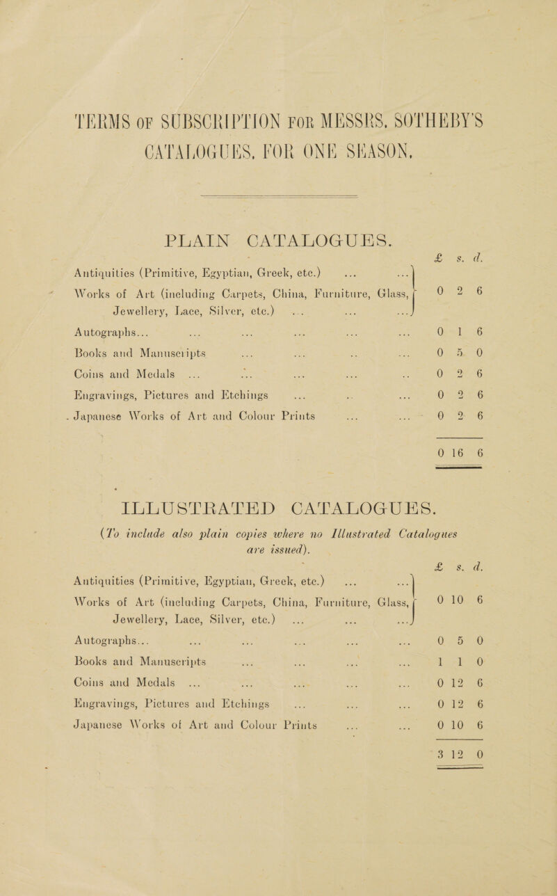 CATALOGUES, FOR ONE SEASON,   PLAIN. CATALOGUE. Antiquities (Primitive, Egyptian, Greek, etc.) Works of Art (ineluding Carpets, China, Furniture, Glass, Ovse2 Jewellery, Lace, Silver, etc.) Autographs... Qe Books and Manuscripts 0 Coins and Medals Oo 2 Engravings, Pictures and [Etchings Oc . Japanese Works of Art and Colour Prints O72 0 16 LLUUSTRALTED CATALOG Us. (To include also plain copies where no Illustrated Catalogues are issued). j feta Se Antiquities (Primitive, Egyptian, Greek, ete.) Works of Art (including Carpets, China, Furniture, Glass, 0 10 Jewellery, Lace, Silver, etc.) | Autographs... Q@ 5 Books and Manuscripts Lox] Coins and Medals 0 12 Kngravings, Pictures and Etchings ES kes Japanese Works of Art and Colour Prints 0 10 o b2 Su Co Son Cora Sy oo na a Ss ©