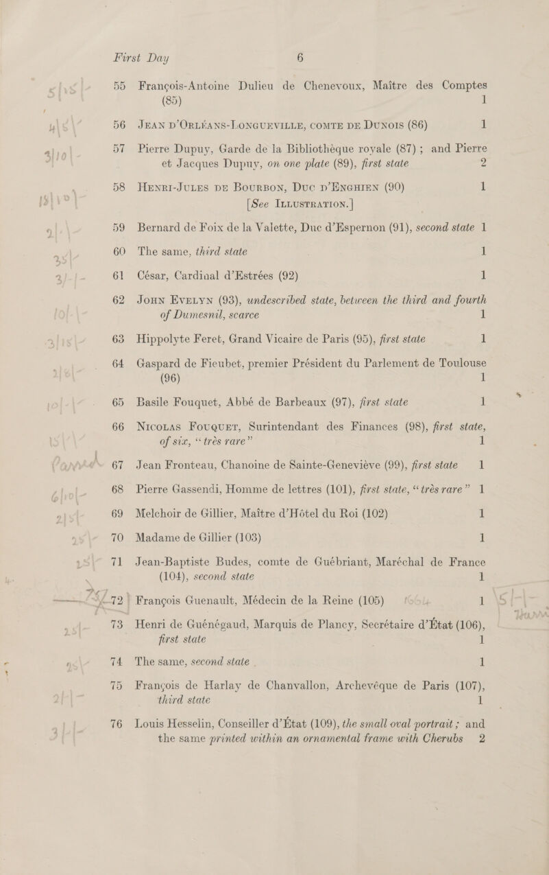 5D e7e Francois-Antoine Dulieu de Chenevoux, Maitre des Comptes (85) 1 JEAN D ORLEANS-LONGUEVILLE, COMTE DE DunolIs (86) 1 Pierre Dupuy, Garde de la Bibliotheque royale (87); and Pierre et Jacques Dupuy, on one plate (89), first state &amp;) pn Henri-JULES DE Bourson, Duc p’ENGHIEN (90) [See ILLusTRATION. | Bernard de Foix de la Valette, Duc d’Espernon (91), second state 1 The same, third state | César, Cardinal d’Estrées (92) 1 JOHN EvELYN (93), undescribed state, between the third and fourth of Dumesnil, scarce 1 Hippolyte Feret, Grand Vicaire de Paris (95), first state 1 Gaspard de Fieubet, premier Président du Parlement de Toulouse (96) 1 Basile Fouquet, Abbe de Barbeaux (97), first state 1 Nicotas Fovuguet, Surintendant des Finances (98), first state, of six, ‘tres rare” 1 Jean Fronteau, Chanoine de Sainte-Genevieve (99), first state 1 Pierre Gassendi, Homme de lettres (101), first state, “trésrare” 1 Melchoir de Giller, Maitre d’Hétel du Roi (102) ‘| Madame de Gillier (103) i Jean-Baptiste Budes, comte de Guébriant, Maréchal de France (104), second state ] ' Frangois Guenault, Médecin de la Reine (105) (o&gt;), 1 Henri de Guénégaud, Marquis de Plancy, Secrétaire d’Htat (106), first state 1 The same, second state ] Francois de Harlay de Chanvallon, Arc es de Paris (107), third state 1 Louis Hesselin, Conseiller d’Etat (109), the small oval portrait ; and