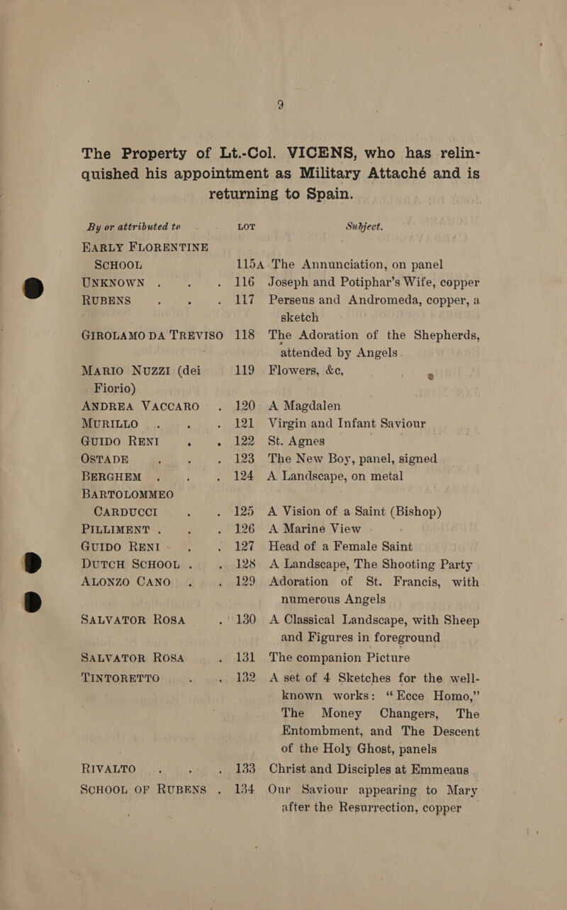 The Property of Lt.-Col. VICENS, who has relin- quished his appointment as Military Attaché and is returning to Spain. By or attributed to LOT Subject. EARLY FLORENTINE SCHOOL 115A The Annunciation, on panel UNKNOWN . : . 116 Joseph and Potiphar’s Wife, copper RUBENS : : . 117 Perseus and Andromeda, copper, a sketch GIROLAMODA TREVISO 118 The Adoration of the Shepherds, attended by Angels MARIO NUZZI (dei 119 Flowers, &amp;e, Fiorio) : ANDREA VaccARO. 120 A Magdalen MURILLO. : . 121 Virgin and Infant Saviour GuIDO RENT se 1122-5: Sty Agnes | OSTADE : . 123 The New Boy, panel, signed BERGHEM . . . 124 <A Landscape, on metal BARTOLOMMEO CARDUCCI. . 125 A Vision of a Saint (Bishop) PILLIMENT . é . 126 A Marine View GuIDO RENI ; . 127 Head of a Female Saint DUTCH SCHOOL . . 128 <A Landscape, The Shooting Party ALONZO CANO . . 129 Adoration of St. Francis, with. numerous Angels SALVATOR ROSA ~ . 1380 <A Classical Landscape, with Sheep and Figures in foreground SALVATOR ROSA . 131 The companion Picture TINTORETTO . . 132. A set of 4 Sketches for the well- known works: “Ecce Homo,” The Money Changers, The Entombment, and The Descent of the Holy Ghost, panels RIVALTO ... .- . 133° Christ and Disciples at Emmeaus | SCHOOL OF RUBENS , 134 Our Saviour appearing to Mary after the Resurrection, copper