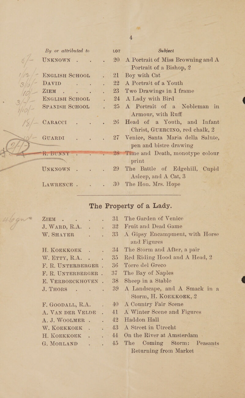 UNKNOWN ENGLISH SCHOOL DAVID ZIEM : ENGLISH SCHOOL SPANISH SCHOOL CARACCI UNKNOWN LAWRENCE .   30 m A Portrait of Miss Browning and A Portrait of a Bishop, 2 A Portrait of a Youth Two Drawings in 1 frame A Lady with Bird A Portrait of a Nobleman in Armour, with Ruff Head of a Youth, and Infant Christ, GUERCINO, red chalk, 2 Venice, Santa Maria della Salute, pen and bistre drawing me and Death, monotype colour print The Battle of Edgehill, Cupid Asleep, and A Cat, 3 aoe The Hon. Mrs. Hope ZIEM J. WARD, R.A. W. SHAYER H. KOEKKOEK We Try oA: J. THORS F. GOODALL, R.A. A. VAN DER VELDE A.J. WOOLMER . W. KOEKKOEK . H. KOEKKOEK G. MORLAND ok 32 do dd do The Garden of Venice Fruit and Dead Game A Gipsy Encampment, with Horse and Figures The Storm and After, a pair Red Riding Hood and A Head, 2 Torre del Greco The Bay of Naples Sheep in a Stable A Landscape, and A Smack in a Storm, H. KOEKKOEK, 2 A Country Fair Scene A Winter Scene and Figures Haddon Hall A Street in Utrecht On the River at Amsterdam . The Coming Storm: Peasants e ei cmerss Returning from Market