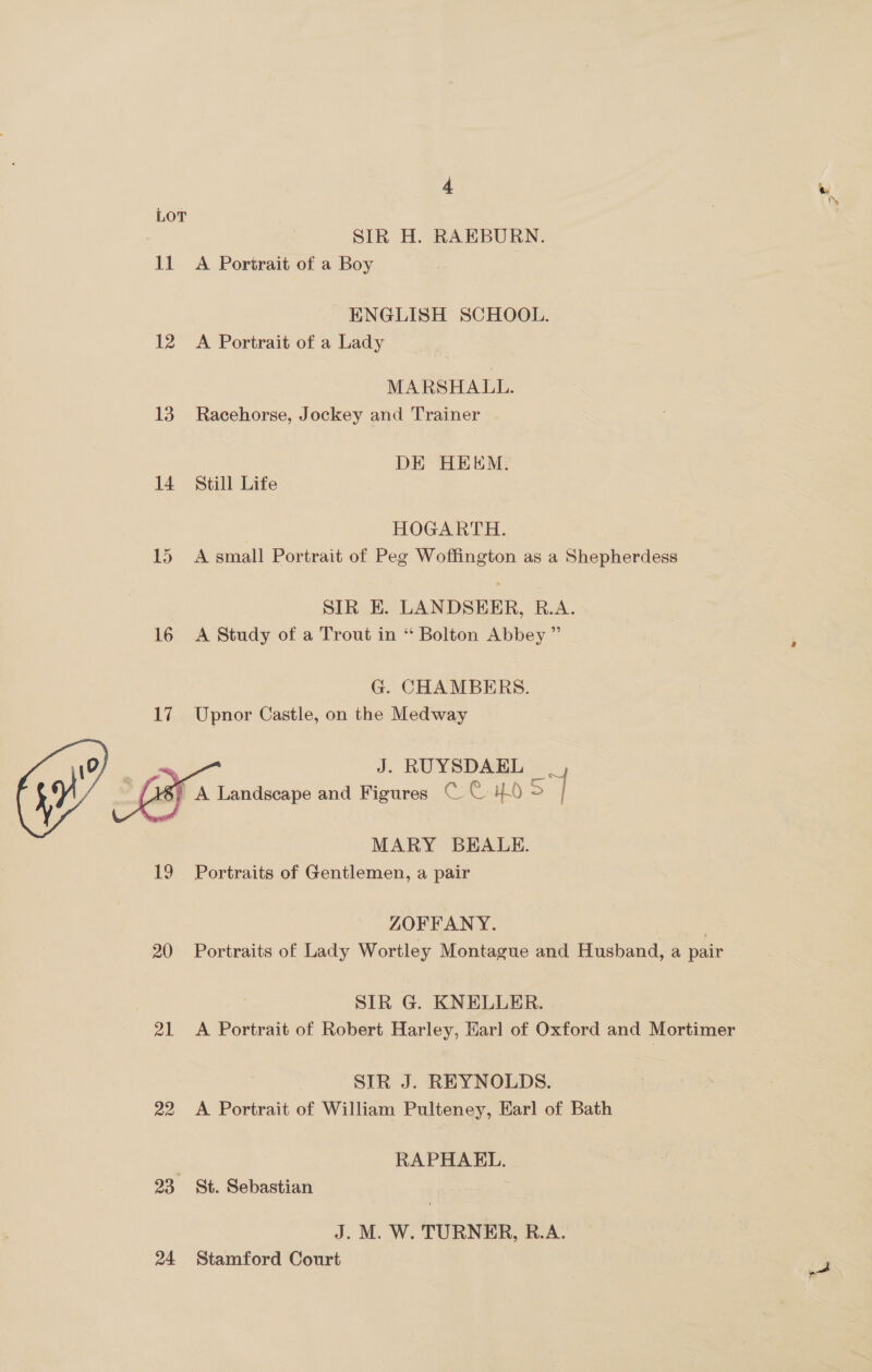 LOT 11 12 13 14 15 16  20 21 22 23, 24 4 e SIR H. RAEBURN. A Portrait of a Boy ENGLISH SCHOOL. A Portrait of a Lady MARSHALL. Racehorse, Jockey and Trainer DE HEEM. Still Life HOGARTH. A small Portrait of Peg Woffington as a Shepherdess SIR E. LANDSEER, R.A. A Study of a Trout in “ Bolton Abbey ” G. CHAMBERS. Upnor Castle, on the Medway J. RUYSDAEL _ / MARY BEALE. Portraits of Gentlemen, a pair ZOFFANY. Portraits of Lady Wortley Montague and Husband, a pair SIR G. KNELLER. A Portrait of Robert Harley, Karl of Oxford and Mortimer SIR J. REYNOLDS. A Portrait of William Pulteney, Earl of Bath RAPHAEL. St. Sebastian . J. M. W. TURNER, R.A. Stamford Court
