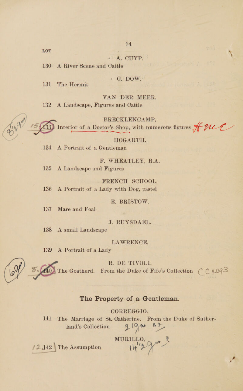 LOT « > A. CUYP. | ’ 130 A River Scene and Cattle » G. DOW. 131. The Hermit VAN DER MERR. 132 A Landscape, Figures and Cattle  ate | BRECKLENCAMP. Ain ) Interior of a Doctor’s Shop, with numerous figures HULL } ; Nees | Seg kee ae es ome HOGARTH. 134 A Portrait of a Gentleman F. WHEATLEY, R.A. 135 <A Landscape and Figures FRENCH SCHOOL. 136 A Portrait of a Lady with Dog, pastel | E. BRISTOW. 137 Mare and Foal J. RUYSDAEL. 138 A small Landscape LAWRENCE. A Portrait of a Lady  | R. DE TIVOLI. , \ The Goatherd. From the Duke of Fife’s Collection ce OFS  The Property of a Gentleman. CORREGGIO. | 141 The Marriage of St. Catherine. From the Duke of Suther- land’s Collection y ss Me MURILLO, | ft ” | ‘ { ( V ey fo 142 | The Assumption \r ar