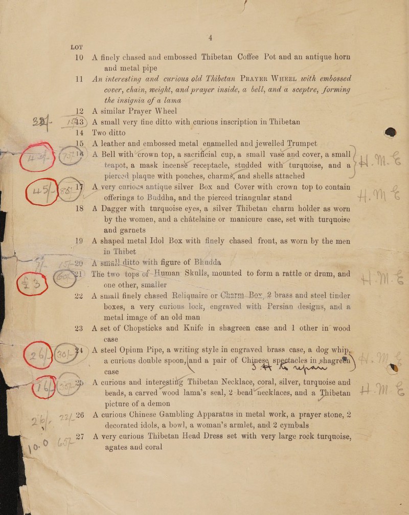 Lov 10 A finely chased and embossed Thibetan Coffee Pot and an antique horn and metal pipe 11 An interesting and curious old Thibetan PRAvuR WHEEL with embossed cover, chain, weight, and prayer inside, a bell, and a sceptre, forming the insignia of a lama 12 A similar Prayer Wheel / A.3 ) A small very fine ditto with curious inscription in Thibetan 14 Two ditto ae | 15 A leather and embossed metal enamelled and jewelled Trumpet o 532 ma. A an with “crown top, a sacrificial cup, a small vase and cover, a small / y eapot, a mask incensé receptacle, studded with turquoise, and a, ? FX - pierced plaque with pouches, charms; ‘and shells attached | A very curiows antique silver Box and Cover with crown top to contain  A Dagger with turquoise eyes, a silver Thibetan charm holder as worn by the women, and a chatelaine or manicure case, set with turquoise and garnets | A shaped metal Idol Box with finely chased front, as worn by the men in Thibet A small ditto with figure of Bkudda The two tops or~Human Skulls, mounted to form a rattle or drum, avd one other, smailer A small finely chased Pelee or Charm.Box 2 brass and steel tinder me a very curious lock, engraved with Persian designs, and a metal image of an old man ; A set of Chopsticks and Knife in shagreen case and 1 other in wood case ) A steel Opium Pipe, a writing style in engraved brass case, a dog whip, a curious double spoon, (ane a ak of a a te in shageele o— case = o5 A curious and interestiig Thibetan Necklace, coral, silver, turquoise and yas beads, a carved wood lama’s seal, 2 bead” ‘necklaces, and a Thibetan ++ picture of a demon »9) 26 A curious Chinese Gambling Apparatus in metal work, a prayer stone, 2 is decorated idols, a bowl, a woman’s armlet, and 2 cymbals 2 .. 27 A very curious Thibetan Head Dress set with very large rock turquoise, agates and coral 