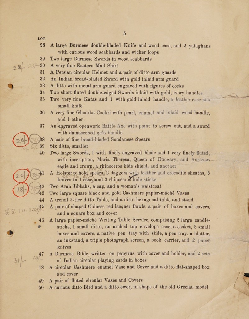  A large Barmese double-bladed Knife and wood case, and 2 yataghans with curious wood scabbards and wicker loops Two large Burmese Swords in wood scabbards A very fine Eastern Mail Shirt A Persian circular Helmet and a pair of ditto arm guards An Indian broad-bladed Sword with gold inlaid arm guard A ditto with metal arm guard engraved with figures of cocks Two short flated double-edged Swords inlaid with gold, ivory handles Two very fine Katag and 1 with gold inlaid handle, a leather case anu small knife : A very fine Ghoorka Oookri with pearl, enamel and iniaid wood handle, and 1 other An- engraved openwork Battle Axe with point to screw out, and a sword with damascened oe'u handle A pair of fine broad-bladed Soudanese Spears Six ditto, smaller Two large Swords, | with finely engraved blade and 1 very finely fated, with inscription, Maria Theresa, Queen of Hungary, and Austrian — eagle and crown, &amp; rhinoceros hide shield, and anothe: A Holster to hold, spears, 2 daggers with leather and crocodile sheaths, 3 knives in 1 case, and 3 rhinoceros hide sticks Two Arab Jibbahs, a cap, and a woman’s waistcoat Two large square black and gold Cashmere papier-maché Vases A trefoil 2-tier ditto Table, and a ditto hexagonal table and stand A pair of shaped Chinese red lacquer Bowls, a pair of boxes and covers, and a square box and cover | A large papier-maché Writing Table Service, comprising 2 large candle- sticks, 1 small ditto, an arched top envelope case, a casket, 2 small boxes and covers, a native pen tray with slide, a pen tray. a blotter, an inkstand, a triple photograph screen, a book currier, ae 2 paper knives A Burmese Bible, written on papyrus, with cover and holder, and 2 sets of Indian circular playing cards in boxes A circular Cashmere enamel Vase and Cover and a ditto flat-shaped box and cover A pair of fluted circular Vases and Covers A curious ditto Bird and a ditto ewer, in shape of the old Grecian model 
