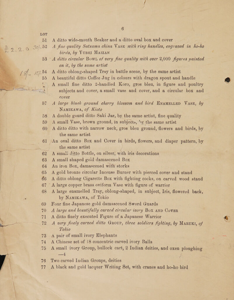 4 51 <A ditto wide-mouth Beaker and a ditto oval box and cover | A fine quality Satsuma china Vase with ring handles, engr aved in io ho birds, by YuBEI MaIzan 53 A ditto circular Bowt of very fine quality with over 2,000 figures painted on it, by the same artist | 254 A ditto oblong-shaped Tray in battle scene, by the same artist 55 A beautiful ditto Coffee Jag in colours with dragon spout and handle * A small fine ditto 2-handled Koro, gros bleu, in figure and poultry aN subjects and cover, a small vase and cover, and a circular box and   cover 57 A large black ground cherry blossom and bird ENAMELLED VASE, by Namikawa, 0f Kioto 58 A double gourd ditto Saki Jar, by the same artist, fine quality 59 A small Vase, brown ground, in subjects, »y the same artist 60 A ditto ditto with narrow neck, gros bleu ground, flowers and birds, by the same artist _ 61 ‘An oval ditto Box and Cover in birds, flowers, and diaper pattern, by he the same artist . . 62 A small ditto Bottle, on silver, mite iris decorations 63 A small shaped goid damascened Box 64 An iron Box, damascened with storks 65 A gold bronze circular Incense Burner with pierced cover and stand 66 A ditto oblong Cigarette Box with fighting cocks, on carved wood stand — 67 A large copper brass oviform Vase with figure of warrior 68 A large enamelled Tray, oblong-shaped, in subject, Iris, flowered back, by Namixawa, of Tokio 69 Four fine Japanese gold damascened Sword Guards 70 A large and beautifully carved circular ivory Box AND CovER * 71 A ditto finely executed Figure of a Japanese Warrior « ~ ~~ 72 A very finely carved ditto GrouP, three soldiers fighting, by Maruxl, of a Tokio 7 73 A pair of small ivory Elephants | ~~ 74 A Chinese set of 18 concentric carved ivory Balls : 75 Asmall ivory Group, bullock cart, 2 Indian deities, and oxen ploughing ~-4 76 Two carved Indian Groups, deities 77 A black and gold lacquer Writing Set, with cranes and ho-ho bird — = 