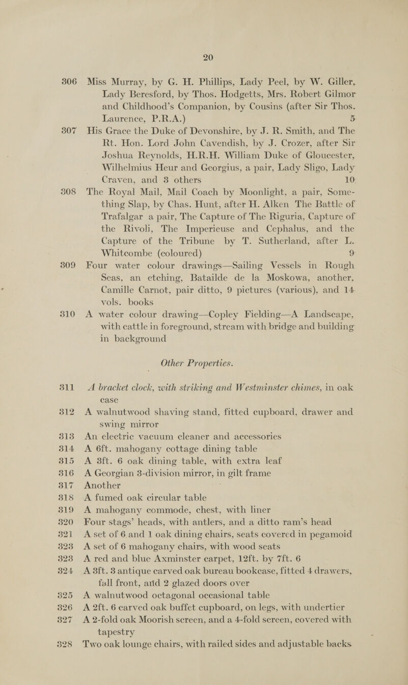 306 307 308 309 310 20 Miss Murray, by G. H. Phillips, Lady Peel, by W. Giller, Lady Beresford, by Thos. Hodgetts, Mrs. Robert Gilmor and Childhood’s Companion, by Cousins (after Sir Thos. Laurence, P.R.A.) 5 His Grace the Duke of Devonshire, by J. R. Smith, and The Rt. Hon. Lord John Cavendish, by J. Crozer, after Sir Joshua Reynolds, H.R.H. William Duke of Gloucester, Wilhelmius Heur and Georgius, a pair, Lady Sligo, Lady Craven, and 8 others 10 The Royal Mail, Mail Coach by Moonlight, a pair, Some- thing Slap, by Chas. Hunt, after H. Alken The Battle of Trafalgar a pair, The Capture of The Riguria, Capture of the Rivoli, The Imperieuse and Cephalus, and the Capture of the Tribune by T. Sutherland, after L. Whitcombe (coloured) 9 Four water colour drawings—Sailing Vessels in Rough Seas, an etching, Batailde de la Moskowa, another, Camille Carnot, pair ditto, 9 pictures (various), and 14 vols. books A water colour drawing—Copley Fielding—A Landscape, with cattle in foreground, stream with bridge and building in background Other Properties. A bracket clock, with striking and Westminster chimes, in oak case A walnutwood shaving stand, fitted cupboard, drawer and swing mirror An electric vacuum cleaner and accessories A 6ft. mahogany cottage dining table A Georgian 3-division mirror, in gilt frame Another yn A fumed oak circular table A mahogany commode, chest, with liner Four stags’ heads, with antlers, and a ditto ram’s head A set of 6 and 1 oak dining chairs, seats covered in pegamoid A set of 6 mahogany chairs, with wood seats A red and blue Axminster carpet, 12ft. by 7ft. 6 fall front, arid 2 glazed doors over A. walnutwood octagonal occasional table A 2ft. 6 carved oak buffet cupboard, on legs, with undertier A 2-fold oak Moorish screen, and a 4-fold screen, covered with tapestry Two oak lounge chairs, with railed sides and adjustable backs