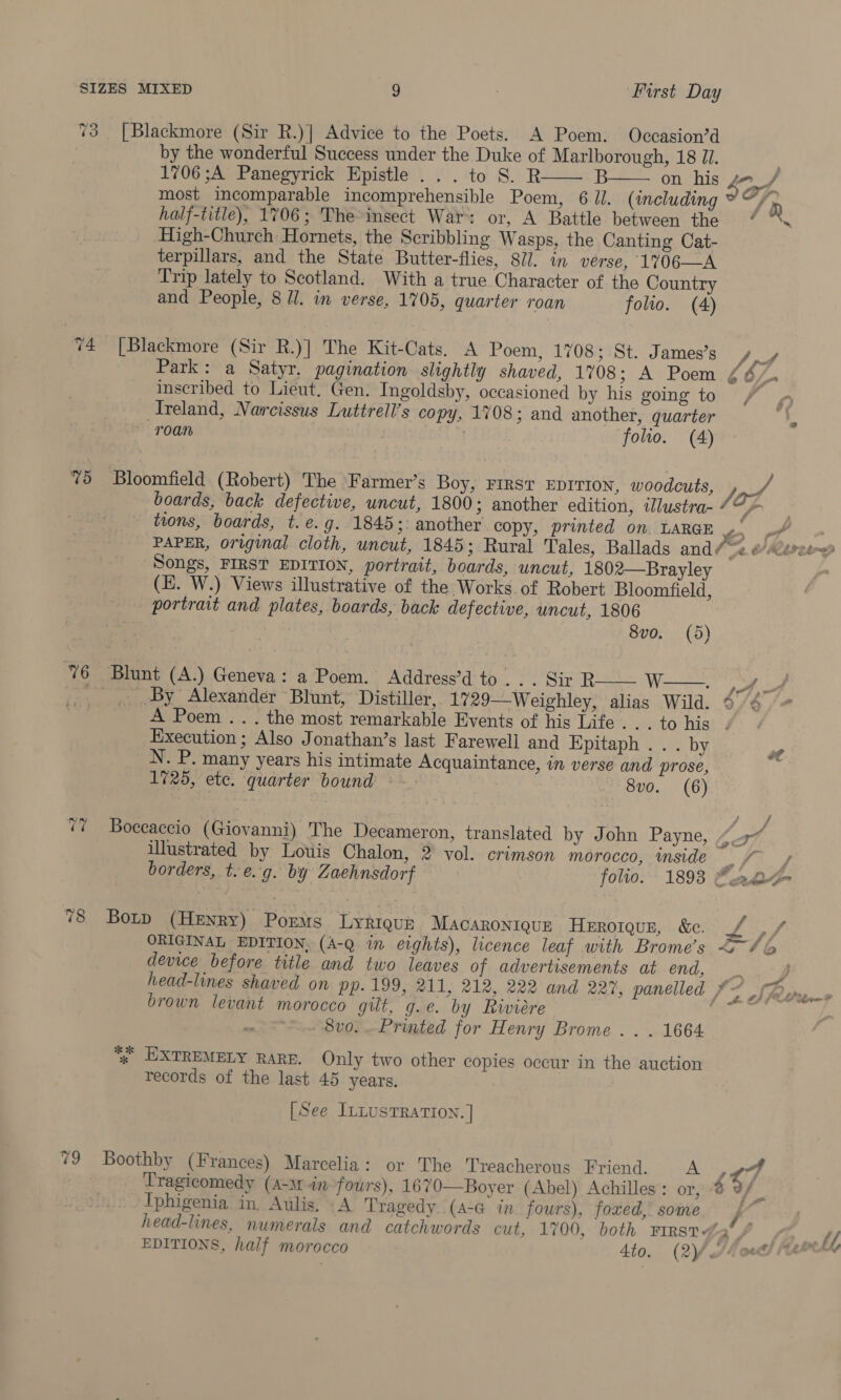 73 [Blackmore (Sir R.)] Advice to the Poets. A Poem. Occasion’d by the wonderful Success under the Duke of Marlborough, 18 JJ. 1706;A Panegyrick Epistle ...to S. R B on his most incomparable incomprehensible Poem, 6 Jl. (including n half-title), 1706; The insect War: or, A Battle between the / “\ High-Church Hornets, the Scribbling Wasps, the Canting Cat- terpillars, and the State Butter-flies, 87J. in verse, 1706—A Trip lately to Scotland. With a true Character of the Country and People, 8 Ul. in verse, 1705, quarter roan folio. (4)   74 [Blackmore (Sir R.)] The Kit-Cats, A Poem, 1708; St. James’s ,, y Park: a Satyr. pagination slightly shaved, 17085: A Posmyg 67. inscribed to Lieut. Gen. Ingoldsby, occasioned by his going to / « Ireland, Narcissus Luttrell’s copy, 1708; and another, quarter e* “roan folio. (4)°° 75 Bloomfield (Robert) The Farmer’s Boy, FIRST EDITION, woodcuts, y ot: boards, back defective, uncut, 1800 ; another edition, tllustra-/“- tions, boards, t.e.g. 1845; another copy, printed on. LARGE y. ff .. PAPER, original cloth, uncut, 1845; Rural Tales, Ballads and’ ORS Ur? Songs, FIRST EDITION, portrait, boards, uncut, 1802—Brayley : (E. W.) Views illustrative of the Works of Robert Bloomfield, portrait and plates, boards, back defective, uncut, 1806 8vo. (5)  76 Blunt (A.) Geneva: a Poem. Address’d to... Sir R Wise aad By Alexander Blunt, Distiller, 1729—Weighley, alias Wild. 4/4 | A Poem... the most remarkable Events of his Life...to his / Execution ; Also Jonathan’s last Farewell and Epitaph . . . by N. P. many years his intimate Acquaintance, in verse and prose, 1725, etc. quarter bound © - 8vo. (6) ot “7 Boceaccio (Giovanni) The Decameron, translated by John Payne, “~ illustrated by Louis Chalon, 2 vol. crimson morocco, inside a / borders, t.e.g. by Zaehnsdorf foho. 1893 aac 78 Botp (Henry) Poems Lyrique Macaronrqus HEROIQUE, &amp;c. ORIGINAL EDITION, (A-Q in eights), licence leaf with Brome’s device before title and two leaves of advertisements at end, _ head-lines shaved on pp. 199, @11, 212, 222 and 227, panelled ¥- brown levant morocco gilt, g. e. by Riviere ( “ Svo.. Printed for Henry Brome .. . 1664 % EXTREMELY RARE. Only two other copies occur in the auction records of the last 45 years. [See ItxustrRation. | 79 Boothby (Frances) Marcelia: or The Treacherous Friend. A 57 Tragicomedy (A-s in fowrs), 1670—Boyer (Abel) Achilles: or, @ 9/ Iphigenia in. Aulis, A Tragedy. (4-G in fours), foxed, some head-lines, numerals and catchwords cut, 1700, both First7#a‘ Y EDITIONS, half morocco Ato. (2V hovel Heel