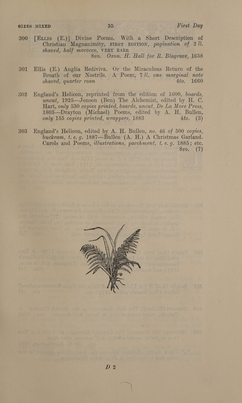 300 [Ets (E.)] Divine Poems. With a Short Description of | Christian Magnanimity, FIRST EDITION, pagination of 2 Il. _ shaved, half morocco, VERY RARE 8vo. Oxon. H. Hall for R. Blagrave, 1658 301 Hllis (E.) Anglia Rediviva. Or the Miraculous Return of the Breath of our Nostrils. A Poem, 7 JU]. one marginal note shaved, quarter roan 4to. 1660 -302 England’s Helicon, reprinted from the edition of 1600, boards, uncut, 1925—Jonson (Ben) The Alchemist, edited by H. C. Hart, only 530 comes printed, boards, uncut, De La More Press, 1803—Drayton (Michael) Poems, edited by A. H. Bullen, only 155 copies printed, wrappers, 1883 4to. (3) 303 England’s Helicon, edited by A. H. Bullen, no. 46 of 500 comes, buckram, t. e.g. 1887—Bullen (A. H.) A Christmas Garland. Carols and Poems, tlustrations, parchment, t. e.g. 1885; ete. she 8vo. (7) 