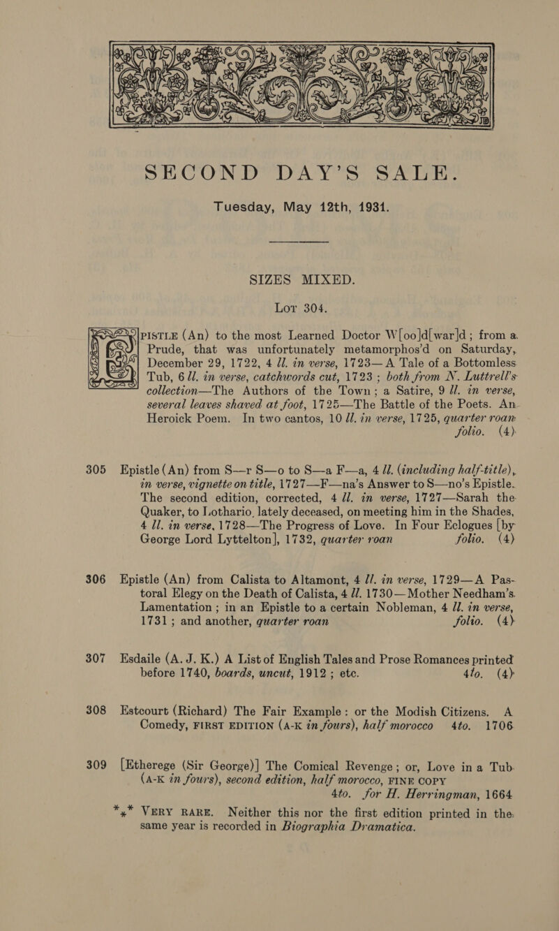 \ ao  305 306 307 308 309 SECOND DAY’S SALE. Tuesday, May 12th, 19381. SIZES MIXED. Lor 304. 2|pISTLE (An) to the most Learned Doctor W[oo]d[war]|d; from a. Prude, that was unfortunately metamorphos’d on Saturday, December 29, 1722, 4 dl. in verse, 1723— A Tale of a Bottomless. Tub, 62. in verse, catchwords cut, 1723 ; both from N. Luttrell’s collection—The Authors of the Town; a Satire, 9 J/. in verse, several leaves shaved at foot, 172&amp;—The Battle of the Poets. An- Heroick Poem. In two cantos, 10 dl. in verse, 1725, quarter roan folio. (4) Epistle (An) from S—r S—o to S—a F—a, 4 I. (including half-title), in verse, vignette on title, 1727—F—na’s Answer to S—no’s Epistle. The second edition, corrected, 4 dl. in verse, 1727—Sarah the Quaker, to Lothario, lately deceased, on meeting him in the Shades, 4 Il. in verse, 1728—The Progress of Love. In Four Eclogues [by George Lord Lyttelton], 1732, quarter roan folio. (4) Epistle (An) from Calista to Altamont, 4 J/. in verse, 1729—A Pas- toral Elegy on the Death of Calista, 4 //. 1730— Mother Needham’s. Lamentation ; in an Epistle to a certain Nobleman, 4 Jl. in verse, 1731; and another, quarter roan folio. (4) Esdaile (A. J. K.) A List of English Tales and Prose Romances printed before 1740, boards, uncut, 1912 ; ete. 4to. (4) Estcourt (Richard) The Fair Example: or the Modish Citizens. A Comedy, FIRST EDITION (A-K in fours), half morocco 4to. 1706 [Etherege (Sir George)| The Comical Revenge; or, Love ina Tub. (A-K in fours), second edition, half morocco, FINK COPY 4to. for H. Herringman, 1664 same year is recorded in Biographia Dramatica.