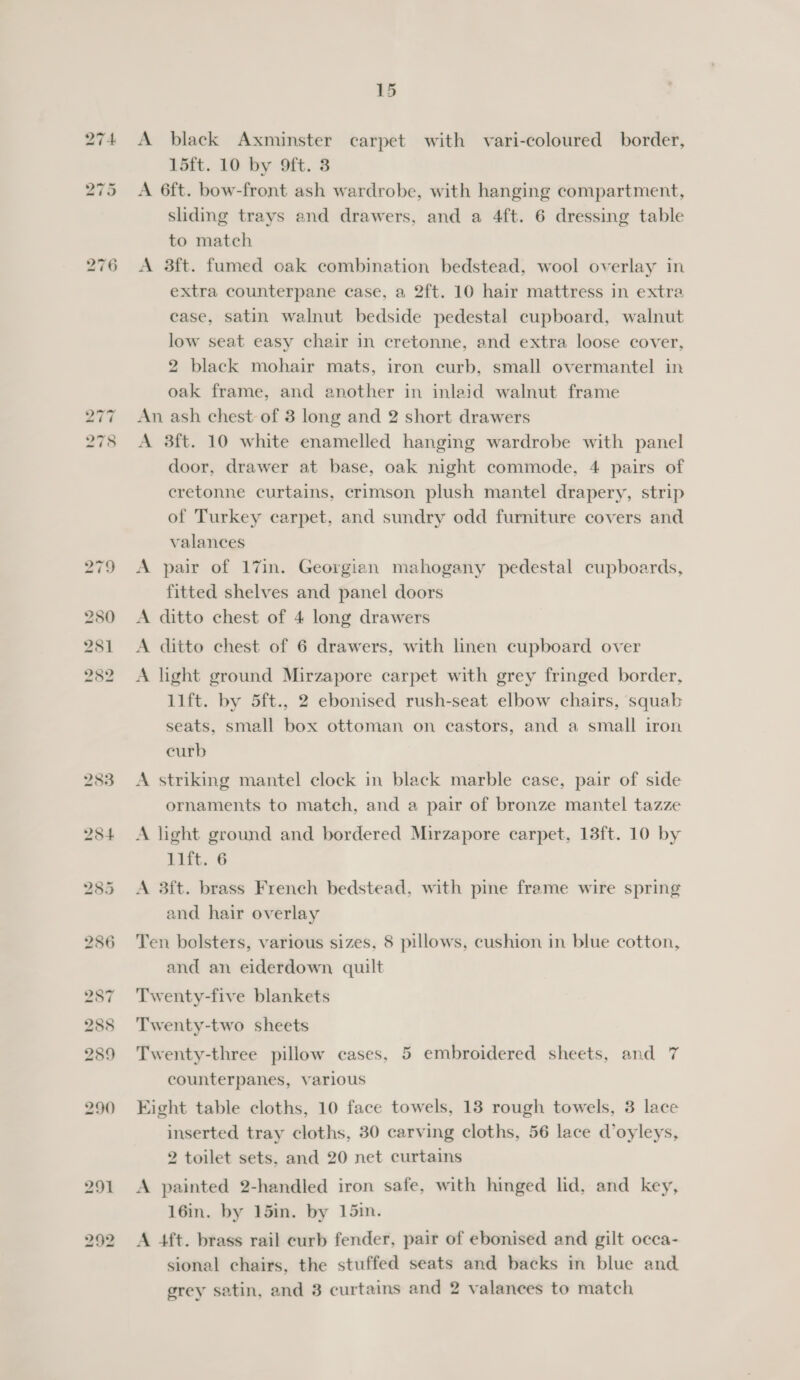 Lo bo 15 A black Axminster carpet with vari-coloured border, A 6ft. bow-front ash wardrobe, with hanging compartment, sliding trays and drawers, and a 4ft. 6 dressing table to match A 3ft. fumed oak combination bedstead, wool overlay in extra counterpane case, a 2ft. 10 hair mattress in extra case, satin walnut bedside pedestal cupboard, walnut low seat easy chair in cretonne, and extra loose cover, 2 black mohair mats, iron curb, small overmantel in oak frame, and another in inleid walnut frame An ash chest of 3 long and 2 short drawers A 3ft. 10 white enamelled hanging wardrobe with panel door, drawer at base, oak night commode, 4 pairs of cretonne curtains, crimson plush mantel drapery, strip of Turkey carpet, and sundry odd furniture covers and valances A pair of 17in. Georgian mahogany pedestal cupboards, fitted shelves and panel doors A ditto chest of 4 long drawers A ditto chest of 6 drawers, with linen cupboard over A light ground Mirzapore carpet with grey fringed border, lift. by 5ft., 2 ebonised rush-seat elbow chairs, squab seats, small box ottoman on castors, and a small iron curb A striking mantel clock in black marble case, pair of side ornaments to match, and a pair of bronze mantel tazze A light ground and bordered Mirzapore carpet, 13ft. 10 by Lift. 6 A 3ft. brass French bedstead, with pine frame wire spring and hair overlay Ten bolsters, various sizes, 8 pillows, cushion in blue cotton, and an eiderdown quilt Twenty-five blankets Twenty-two sheets counterpanes, various Eight table cloths, 10 face towels, 13 rough towels, 3 lace inserted tray cloths, 30 carving cloths, 56 lace d’oyleys, 2 toilet sets, and 20 net curtains A painted 2-handled iron safe, with hinged lid, and key, 16in. by 15in. by 15in. A 4ft. brass rail eurb fender, pair of ebonised and gilt occa- sional chairs, the stuffed seats and backs in blue and grey satin, and 3 curtains and 2 valanees to match