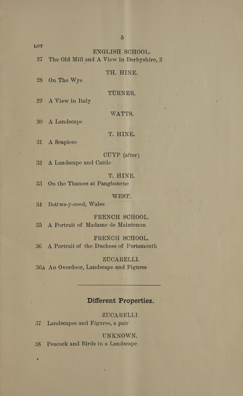 4) ENGLISH SCHOOL. 27 The Old Mill and A View in Derbyshire, 2 TH. HINE. 28 On The Wye TURNER. 29 <A View in Italy WATTS. 30 A Landscape TEN Ee 31 <A Seapiece CUYP (after) 32. A Landscape and Cattle Tea LN Ee 33 On the Thames at Pangbourne WEST. 34 Bettws-y-coed, Wales FRENCH SCHOOL. 35 <A Portrait of Madame de Maintenon FRENCH SCHOOL. 36 A Portrait of the Duchess of Portsmouth ZUCARELLI. 364 An Overdoor, Landscape and Figures Different Properties. ZUCARELLI. 37 Landscapes and Figures, a pair UNKNOWN. 38 Peacock and Birds in a Landscape