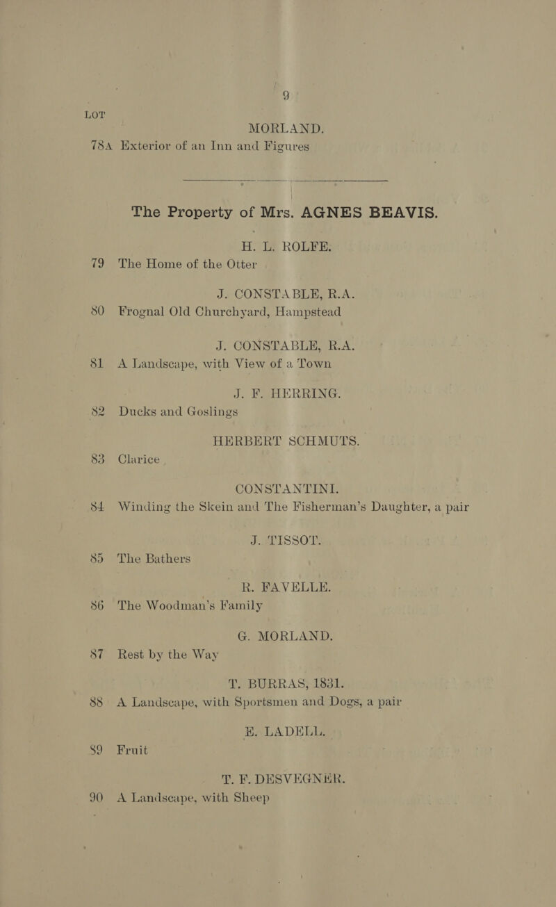 LOT MORLAND. 758A Exterior of an Inn and Figures  The Property of Mrs. AGNES BEAVIS. H. L. ROLFE: 79 The Home of the Otter J. CONSTABLE, R.A. $0 Frognal Old Churchyard, Hampstead J. CONSTABLE, R.A. 81 <A Landscape, with View of a Town J. F. HERRING. 82. Ducks and Goslings HERBERT SCHMUTS. 83 Clarice CONSTANTINI. $4 Winding the Skein and The Fisherman’s Daughter, a pair J.ALISSOT. SD) The Bathers , R. FAVELLE. 86 The Woodman’s Family G. MORLAND. 87 Rest by the Way Ty BURRASPIissts 88 <A Landscape, with Sportsmen and Dogs, a pair He LADELL. 89 Fruit T. F. DESVEGNER. 90 A Landscape, with Sheep