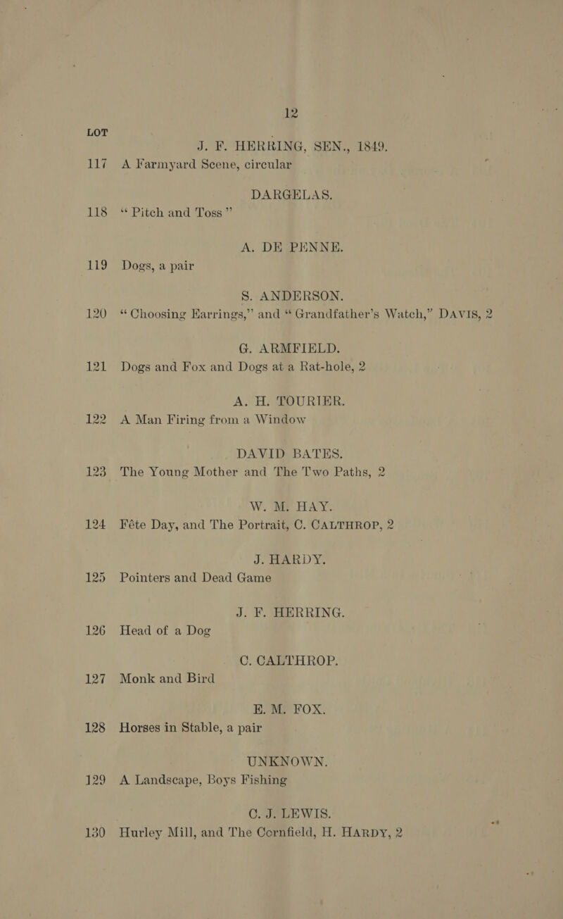 LOT : J. F. HERRING, SEN., 1849. 117 A Farmyard Scene, circular DARGELAS. 118° “Pitch and Voss: A. DE PENNE. 119 Dogs, a pair S. ANDERSON. 120 “Choosing Earrings,” and “ Grandfather’s Watch,” DAVIS, 2 G. ARMFIELD. 121 Dogs and Fox and Dogs at a Rat-hole, 2 A. H. TOURIER. 122 A Man Firing from a Window DAVID BATES. 123 The Young Mother and The Two Paths, 2 W. M. HAY. 124 Féte Day, and The Portrait, C. CALTHROP, 2 J. tua DY: 125 Pointers and Dead Game J. F. HERRING. 126 Head of a Dog ©. CALTHROP. 127 Monk and Bird E. M. FOX. 128 Horses in Stable, a pair UNKNOWN. 129 A Landscape, Boys Fishing C. J. LEWIS. 130 Hurley Mill, and The Cornfield, H. HARDY, 2