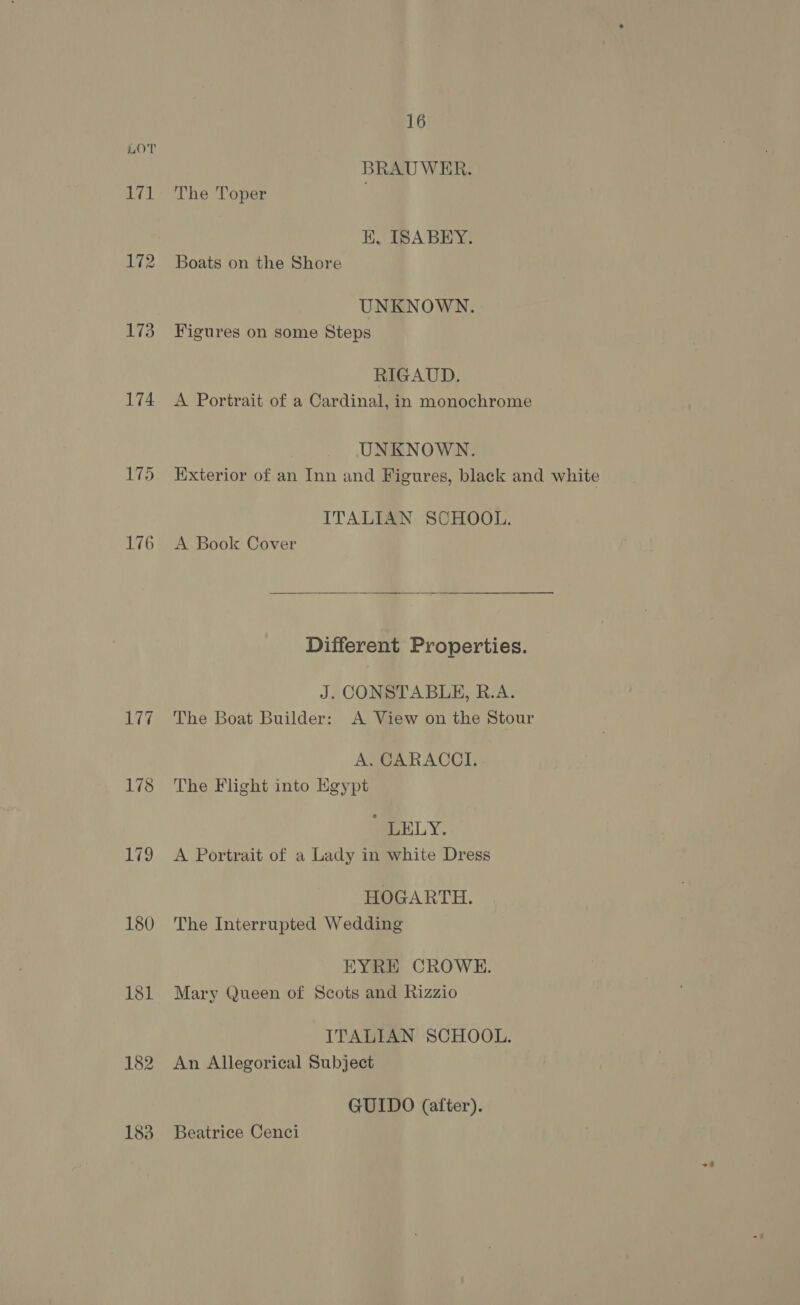 War 172 173 174 175 176 177 178 Lig 180 182 183 16 BRAU WER. The Toper HK. ISABEY. Boats on the Shore UNKNOWN. Figures on some Steps RIGAUD. A Portrait of a Cardinal, in monochrome UNKNOWN. Exterior of an Inn and Figures, black and white ITALIAN SCHOOL. A Book Cover Different Properties. J. CONSTABLE, R.A. The Boat Builder: A View on the Stour A. CARACCI. The Flight into Egypt WEELY. A Portrait of a Lady in white Dress HOGARTH. The Interrupted Wedding EYRE CROWE. Mary Queen of Scots and Rizzio ITALIAN SCHOOL. An Allegorical Subject GUIDO (after). Beatrice Cenci