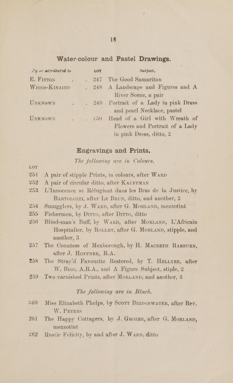 Water-colour and Pastel Drawings. 2y or attributed to LOT Subject, KH. Firron . 247 The Good Samaritan Wiaas-Kinarrp . 248 A Landscape and Figures and A River Scene, a pair and pearl Necklace, pastel Flowers and Portrait of a Lady in pink Dress, ditto, 2 Eingravings and Prints. The following are in Colours. A pair of stipple Prints, in colours, after Warp A pair of circular ditto, after KAUFFMAN L’Innocence se Réfugiant dans les Bras de la Justice, by Bartouozzti, after Le Brun, ditto, and another, 2 Smugglers, by J. Warp, after G. MorLAND, mezzotint Fishermen, by Drrro, after Dirrro, ditto Blind-man’s Buff, by Warp, after Mornanp, L’Africain Hospitalier, by Rotuer, after G. MorLanp, stipple, and another, 3 The Countess of Mexborough, by H. Macspern Rarpurn, after J. Hoppner, R.A. The Stray’d Favourite Restored, by T. Hetiynr, after W. Brae, A.R.A., and A Figure Subject, stiple, 2 Two-varnished Prints, after MorLAND, and another, 3 The following are in Black. Miss Hlizabeth Phelps, by Scorr BripcewarTeEr, after Rev. W. PETERS | | The Happy Cottagers, by J. Grozer, after G. Moriann, mezzotint Rustic Felicity, by and after J. Warp, ditto