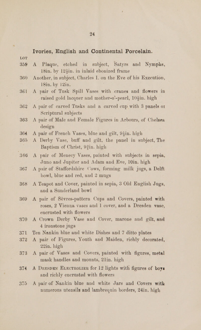 Ivories, English and Continental Porcelain. | A Plaque, etched in subject, Satyrs and Nymphs, 18in. by 124in. in inlaid ebonized frame Another, in subject, Charles I. on the Eve of his Execution, 18in. by 1 2in. A pair of Tusk Spill Vases with cranes and flowers in raised gold lacquer and mother-o’-pearl, 104in. high A pair of carved Tusks and a carved cup with 3 panels o1 Scriptural subjects A pair of Male and Female Figures in Arbours, of Chelsea design A pair of French Vases, blue and gilt, 94in. high A Derby Vase, buff and gilt, the panel in subject, The Baptism of Christ, 93in. high A pair of Menecy Vases, painted with subjects in sepia, Juno and Jupiter and Adam and Eve, 10in. high A pair of Staffordshire Cows, forming milk jugs, a Delft bowl, blue and red, and 2 mugs A Teapot and Cover, painted in sepia, 3 Old English Jugs, and a Sunderland bowl A pair of Sévres-pattern Cups and Covers, painted with roses, 2 Vienna vases and 1 cover, and a Dresden vase, encrusted with flowers A Crown Derby Vase and Cover, marone and gilt, and 4 ironstone jugs | Ten Nankin blue and white Dishes and 7 ditto plates A pair of Figures, Youth and Maiden, richly decorated, 22in. high A pair of Vases and Covers, painted with figures, metal mask handles and mounts, 2lin. high A Drespen ELectroiier for 12 lights with figures of boys and richly encrusted with flowers A pair of Nankin blue and white Jars and Covers with numerous utensils and lambrequin borders, 24in. high