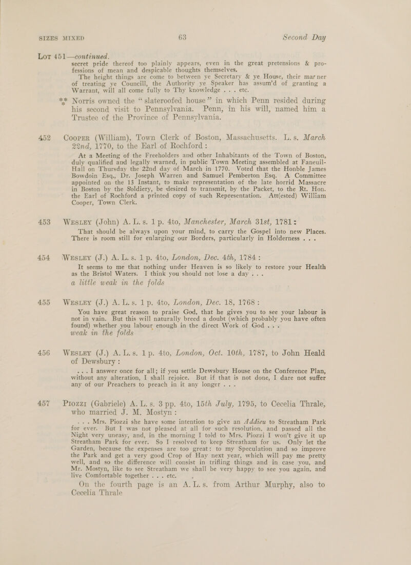 452 453 454 455 456 457 secret pride thereof too plainly appears, even in the great pretensions &amp; pro- fessions of mean and despicable thoughts themselves. The height things are come to between ye Secretary &amp; ye House, their mar ner of treating ye Councill, the Authority ye Speaker has assum’d of granting a Warrant, will all come fully to Thy knowledge . . . etc. ** Norris owned the “ slateroofed house” in which Penn resided during his second visit to Pennsylvania. Penn, in his will, named him a Trustee of the Province of Pennsylvania. Cooper (William), Town Clerk of Boston, Massachusetts. L.s. March 2nd, 1770, to the Earl of Rochford : At a Meeting of the Freeholders and other Inhabitants of the Town of Boston, duly qualified and legally warned, in public Town Meeting assembled at Faneuil- Hall on Thursday the 22nd day of March in 1770. Voted that the Honble James Bowdoin Esq., Dr. Joseph Warren and Samuel Pemberton Esq. A Committee appointed on the 13 Instant, to make representation of the late horrid Massacre in Boston by the Soldiery, be desired to transmit, by the Packet, to the Rt. Hon. the Earl of Rochford a printed copy of such Representation. Att(ested) William Cooper, Town Clerk. Westey (John) A. L.s. 1 p. 4to, Manchester, March 31st, 1781: That should be always upon your mind, to carry the Gospel into new Places. There is room still for enlarging our Borders, particularly in Holderness ... Westey (J.) A. L.s. 1 p. 4to, London, Dec. 4th, 1784 : It seems to me that nothing under Heaven is so likely to restore your Health as the Bristol Waters. I think you should not lose a day... a little weak in the folds Wes.ey (J.) A. L.s. 1p. 4to, London, Dec. 18, 1768: You have great reason to praise God, that he gives you to see your labour is not in vain. But this will naturally breed a doubt (which peer you have often found) whether you labour enough in the direct Work of God . weak m the folds Westey (J.) A. L.s. 1p. 4to, London, Oct. 10th, 1787, to John Heald of Dewsbury : . | answer once for all; if you settle Dewsbury House on the Conference Plan, without any alteration, I shall rejoice. But if that is not done, I dare not suffer any of our Preachers to preach in it any longer. . Piozzi (Gabriele) A. L.s. 3 pp. 4to, 15th July, 1795, to Cecelia Thrale, who married J. M. Mostyn: . Mrs. Piozzi she have some intention to give an Addieu to Streatham Park for ever. But I was not pleased at all for such resolution, and passed all the Night very uneasy, and, in the morning I told to Mrs. Piozzi I won’t give it up Streatham Park for ever. So I resolved to keep Streatham for us. Only let the Garden, because the expenses are too great: to my Speculation and so improve the Park and get a very good Crop of Hay next year, which will pay me pretty well, and so the difference will consist in trifling things and in case you, and Mr. Mostyn, like to see Streatham we shall be very happy to see you again, and live Comfortable together . .. etc. On the fourth page is an A. L.s. from Arthur Murphy, also to Cecelia Thrale