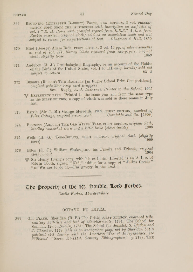 369 371 372 373 374 375 376 377 BrowNinG (ELIZABETH Barrerr) Poems, NEW EDITION, 2 vol. PRESEN- TATION COPY FROM THE AUTHORESS with inscription on half-title of vol. I “R. H. Rome with grateful regard from E.B.B.” A. L. s. from Ruskin inserted, original cloth; sold as an association book and not subject to return for imperfections of text Chapman &amp; Hall, 1850 Eliot (George) Adam Bede, FIRST EDITION, 3 vol. 16 pp. of advertisements at end of vol. III, library labels removed from end-papers, original cloth, slightly loose 1859 Audubon (J. J.) Ornithological Biography, or an account of the Habits of the Birds of the United States, vol. I to III only, boards; sold not subject to return 1831-5 Brooke (Rupert) THE Bastiuie [in Rugby School Prize Compositions |, original pale blue limp card wrappers 8v0. Rugby, A. J. Lawrence, Printer to the School, 1905 *«* FXTREMELY RARE. Printed in the same year and from the same type as the FIRST EDITION, a copy of which was sold in these rooms in July last. Barrie (Sir J. M.) George Meredith, 1909, FIRST EDITION, woodcut of Flint Cottage, original cream cloth Constable and Co. [1909 | Bennett (ARNOLD) THE OLD WIvEs’ TALE, FIRST EDITION, original cloth, binding somewhat worn and a little loose (clean inside) 1908 Wells (H. G.) Tono-Bungay, FIRST EDITION, original cloth (slightly loose) 1909 Elton (C. J.) William Shakespeare his Family and Friends, original cloth, uncut 1904 ** Sir Henry Irving’s copy, with his ex-libris. Inserted is an A. L.s. of Edwin Booth, signed “ Ned,’ asking for a copy of “ Julius Caesar” “ag We are to do it,—l’m groggy in the Text.”   The Property of the Rt. thonble, Lord Forbes. Castle Forbes, Aberdeenshire. OCTAVO ET INFRA. Otp Puays. Sheridan (R. B.) The Critic, rrRsT EDITION, engraved title, wanting half-title and leaf of advertisements, 1781; The School for Scandal, 12mo0, Dublin, 1781; The School for Scandal, 8. Bladon and J. Thresher, 1779 (this is an anonymous play, not by Sheridan but a political skit dealing with the American War of Independence, see Williams’ “Seven XVIIIth Century Bibliographies,” p. 218); THE