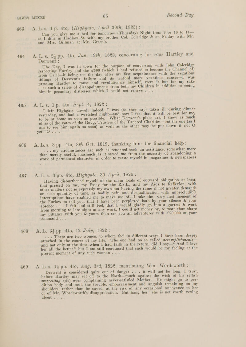 463 464 466 Can you give me a bed for tomorrow (Thursday) Night from 9 or 10 to 11— as I dine in Hadlow St. with my brother Col. Coleridge &amp; on Friday with Mr. and Mrs. Gillman at Mr. Green's. Derwent : The Day, I was in town for the purpose of conversing with John Coleridge respecting Hartley and the £300 (which I had refused to become the Channel of) from Oriel—it being too the day after my first acquaintance with the vexatious tidings of Derwent’s failure and _ its tenfold more vexatious causes—I was pressing Hartley to rouse and revolutionize himself, were it but for my sake ~—as such a series of disappointments from both my Children in addition to seeing him in pecuniary distresses which I could not yeheve: « «1 I left Highgate unwell indeed, I was (as they say) taken ill during dinner yesterday, and had a wretched night—and now I feel that it will be best for me, to be at home as soon as possible. What Derwent’s plans are, I know as much of as of the votes of the Govg. Trustees of the Tancred Charities—but the one (as I am to see him again so soon) as well as the other may be put down if not O . . . my circumstances are such as rendered such an assistance, somewhat more than merely useful, inasmuch as it saved me from the necessity of abandoning a work of permanent character in order to waste myself in magazines &amp; newspapers 469 Having disburthened myself of the main loads of outward obligation at least, that pressed on me, my Essay for the R.S.L., and my Aids to Reflexion, with other matters not so expressly my own but having the same if not greater demands on such quantity of time, as bodily pain and disqualification with unprecludible interruptions have enabled me to make use of—I take the very first moment of the Furlow to tell you, that I have been perplexed both by your silence &amp; your absence... I felt and still feel, that I would gladly go into a garrett &amp; work from morning to late night at any work, I could get money by, &amp; more than share my pittance with you &amp; yours than see you an adventurer with £20,000 at your command... _.. There are two women, to whom tho’ in different ways I have been deeply attached in the course of my life. The one had no so called accomplishments— and not only at the time when I had faith in the return, did I say—* And I love her all the better” but I am still convinced that such would be my feeling at the present moment of any such woman... Derwent is considered quite out of danger ... it will not be long, I trust, before Hartley may set off to the North—much against the wish of his selfish worretting (sic) ever complaining never-satisfied Mother. He might go to per- dition body and soul, the trouble, embarrassment and anguish remaining on my shoulders, rather than be saved, at the risk of any occasional annoyance to her ) of Mr. Wordsworth’s disapprobation. But hang her! she is not worth vexing BGDOUC << «= «