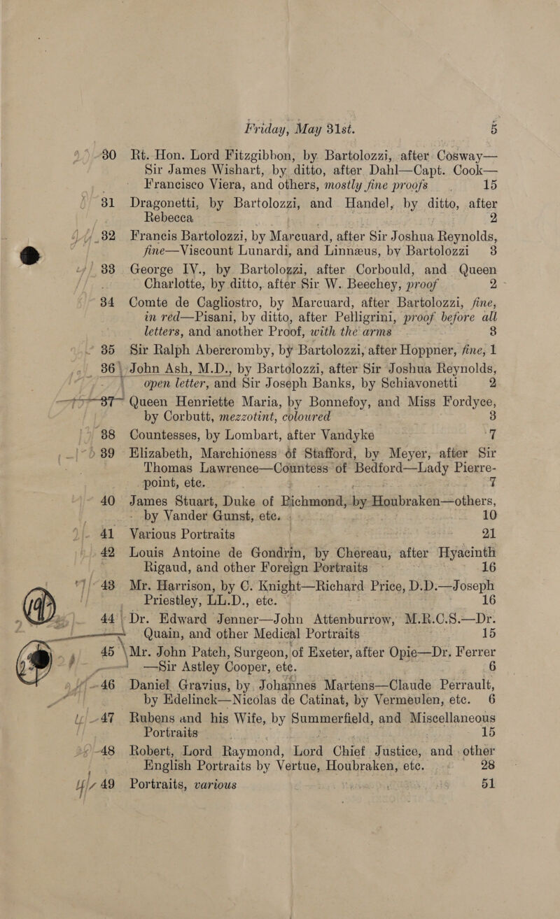 ) 88 34 Be Fr iday, May 31st. 5 Rt. Hon. Lord Fitzgibbon, by. eeylbra afte Cong Sir James Wishart, by ditto, after Dahl—Capt. Cook— Francisco Viera, and others, mostly jine proofs 15 Dragonetti, by Bartolozzi, and Handel, by ae after Rebecca 2 Francis Bartolozzi, by Mar cuard, after Sir Joshua Reynolds, fine—Viscount Lunardi. and Linneus , by Bartolozzi 3 George IV., by Bartolozzi, after Corbould, and Queen _ Charlotte, by ditto, after Sir W. Beechey, proof is Comte de Cagliostro, by Marcuard, after Bartolozzi, fine, in red—Pisani, by ditto, after Pelligrini, proof before all letters, and another Proof, with the arms | 3 Sir Ralph Abercromby, by Bartolozzi, after Hoppner, fine, 1 John Ash, M.D., by Bartolozzi, after Sir Joshua Reynolds, open letter, and Sir J oseph Banks, by Schiavonetti 2, “88 i-d 39 40 by Corbutt, mezzotint, coloured Countesses, by Lombart, after Vandyke vi ut 42, 45  Thomas Lawrence—Countess of Bedford —Lady Pierre- point, ete. James Stuart, Duke of Bichmond, by ani Sothors, - by Vander Gunst, atic. 4», Sons a0 Various Portraits 7 21 Louis Antoine de Gondrin, by Cheese; after FRyaeinth Rigaud, and other Foreign Portraits ~ 16 Mr. Harrison, by C. Knight—Richard Price, D. D. —Toseph Priestley, LD. ., ete. * 16 Quain, and other Medical Portraits 15 —Sir Astley Cooper, etc. 6 Daniel Gravius, by. Johannes Martens—Claude Bee ault, by Edelinck—Nicolas de Catinat, by Vermeulen, etc. 6 Rubens and his Wife, by Summerfield, and Miscellaneous Portraits — 15 Robert, Lord Raymond, att Chief Justice, Leh other English Portraits by Vertue, Houbraken, ete. . 28 Portraits, various : acvages Oy eres HG 51