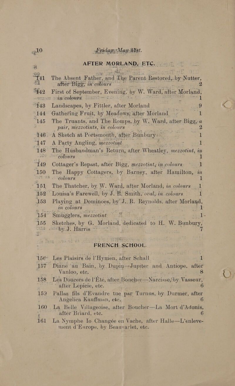 159 161 of ndagy May 88st. AFTER MORLAND, ETC. “7 ‘ o&gt; Ra sah Yee after Bigs, in ‘colours First of September, Evening, by W. Ward, after Morland, incolours 10207 — 1 LaiGasapes, by Fittler, after Monsnd ee Gathering Fruit, by Meadows; after Morland | The Truants, “and The Romps, , by W. Ward, after Bigg,-a pair, mezzotints, in colours ~~. : 2 A Sketch at Portsmouth, after Banbury : 1 A Party Angling, mezzotint — : : nt ‘The Husbandman’ Ss Return , after Wheatley, mezzotint, m ~~ eolours a a 1 Cottager’s Repast, after Bigg, Oeste in colours: at . The . Happy Cotianers, by Barney, after Hamilton, tn colours | . 1 The Thatcher, by W. Ward, after Morland, in colowrs 1 ‘ Louisa’s Farewell, by J. B. Smith, oval, in colours 1 Playing. at. Dominoes, ‘by J. ht. es ga after Morland, im colours — ; 1 psn oy by G. Morland, dedicated i lee W. - Bunbury, ‘FRENCH SCHOOL. Les Plaisirs de i Hymen, after Schall ¢ i‘ 1 ~ Diane ‘au ‘Bain, by Dapin—Jupiter and. - Antiope, after Vanloo, etc. — Les Doucers de 1’ Eté, after Boucher-—Narcisse, ‘by Vasseur, Pallas fils d’Hvandre tue par Turnus, Durmer, after Angelica Kauffman, etc. La Belle Villageoise, after Boucher—La Mort Adonis, after Briard, ete. 6 La Nymphe Io Changée en Vache, after Halle—L’enleve- went d’Kurope, by Beauvarlet, ete. af