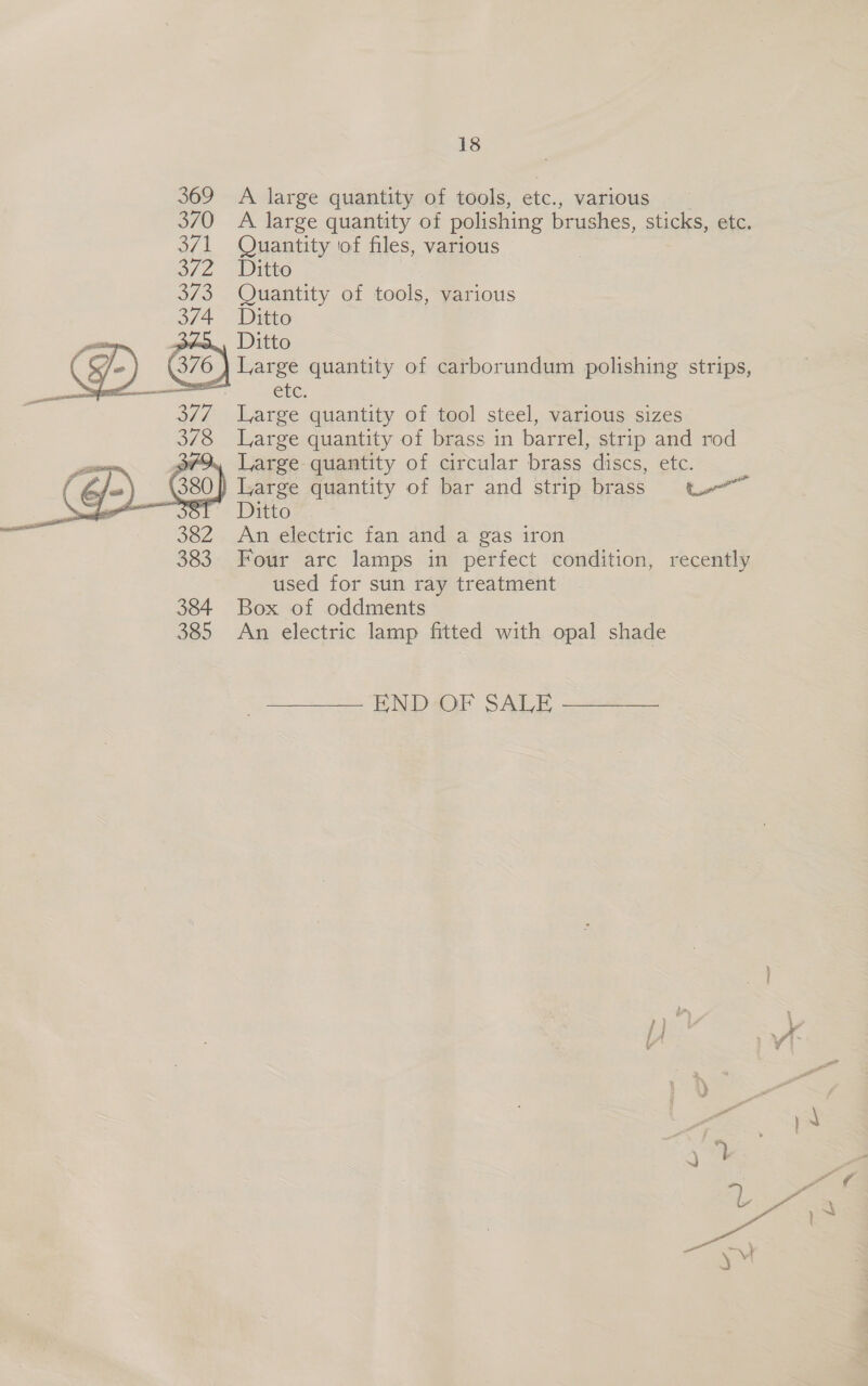 A large quantity of tools, ete., various A large quantity of polishing brushes, sticks, etc. Quantity of files, various Ditto Quantity of tools, various Ditto Ditto ENG, Large quantity of tool steel, various sizes Large quantity of brass in barrel, strip and rod 379, Large quantity of circular brass discs, etc. ) Large quantity of bar and strip brass tu Ditto An electric fan and a gas iron Four arc lamps in perfect condition, recently used for sun ray treatment 384 Box of oddments 385 An electric lamp fitted with opal shade  ——— END OF SALE —————