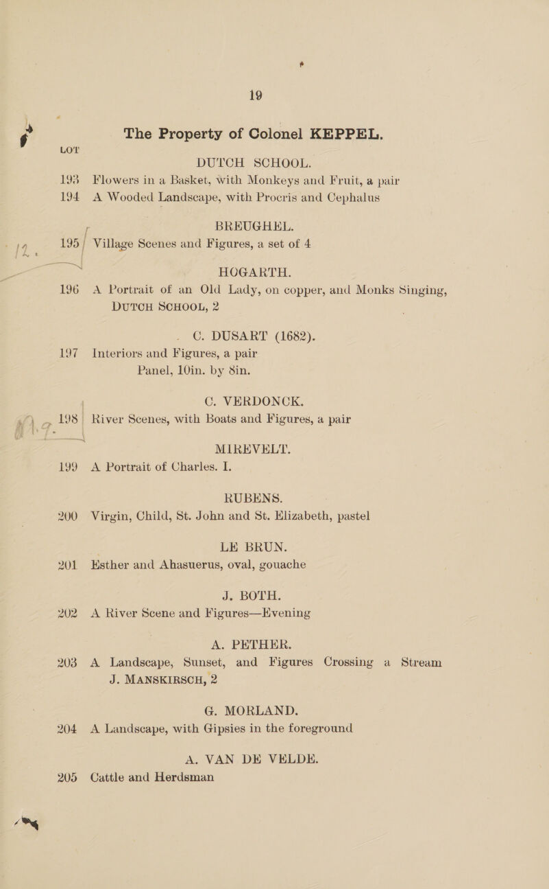 197 199 200 19 The Property of Colonel KEPPEL. DUTCH SCHOOL. Flowers in a Basket, with Monkeys and Fruit, a pair A Wooded Landscape, with Procris and Cephalus BREUGHEL. Village Scenes and Figures, a set of 4 HOGARTH. A Portrait of an Old Lady, on copper, and Monks Singing, DUTCH SCHOOL, 2 C. DUSART (1682). Interiors and Figures, a pair Panel, 10in. by 8in. C. VERDONCK. River Scenes, with Boats and Figures, a pair MIREVELT. A Portrait of Charles. I. RUBENS. Virgin, Child, St. John and St. HKlizabeth, pastel LE BRUN. Ksther and Ahasuerus, oval, gouache J. BOTH. A River Scene and Figures—Evening A. PETHER. A Landscape, Sunset, and Figures Crossing a Stream J. MANSKIRSCH, 2 G. MORLAND. A Landscape, with Gipsies in the foreground A. VAN DE VELDE. Cattle and Herdsman