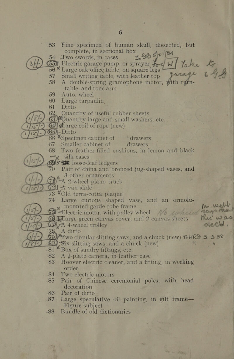 53 Fine specimen of human skull, dissected, but complete, in sectional ak yi'|BA 54 wo swords, in cases ) Electric garage pump, or ate ar ® «| wf Yn bee AG 56 ¥ Large oak office table, on square Foo W. 4 57 Small writing table, with leather top 58 A double-spring gramophone motor, fideo table, and tone arm 59 Auto. wheel 60 Large tarpaulin, ‘61 Ditto 62. Quantity of useful rubber sheets eit ean large and small washers, etc. | {gLarge coil of rope (new) ;  - Ditto 66 Koei cabinet of ‘drawers 67 Smaller cabinet of drawers 68 Two feather-filled cushions, in lemon and black —y silk cases BR loose-leaf ledgers 0 Pair of china and bronzed jug-shaped vases, and 3 other ornaments : ) “A 2-wheel piano truck : “A van slide | 73 *Old terra-cotta Aisne 74 Large curious shaped vase, and an ormolu- | y mounted garde robe frame fw wall            ee < G5! Electric motor, with pulley wheel 4% /¢eeeeet ar ee 7) _G hd_arge green canvas cover, and 2 canvas sheets thus | FL 72 4-wheel trolley eos a :  73. A ditto ; G4.) ES) *fwo circular slitting saws, and a chuck (new) THRD A 3ST | (1/9T-S 80) “Six slitting saws, and a chuck (new) { a 81 “Box of sande fittings, etc. ) 82 <A i-plate camera, in leather case 83 Hoover electric cleaner, and a fitting, in working order 84 Two electric motors : 85 Pair of Chinese ceremonial poles, with head decoration 86 Pair of ditto .87- Large speculative vil painting, in gilt frame— Figure subject -88 Bundle of old dictionaries 