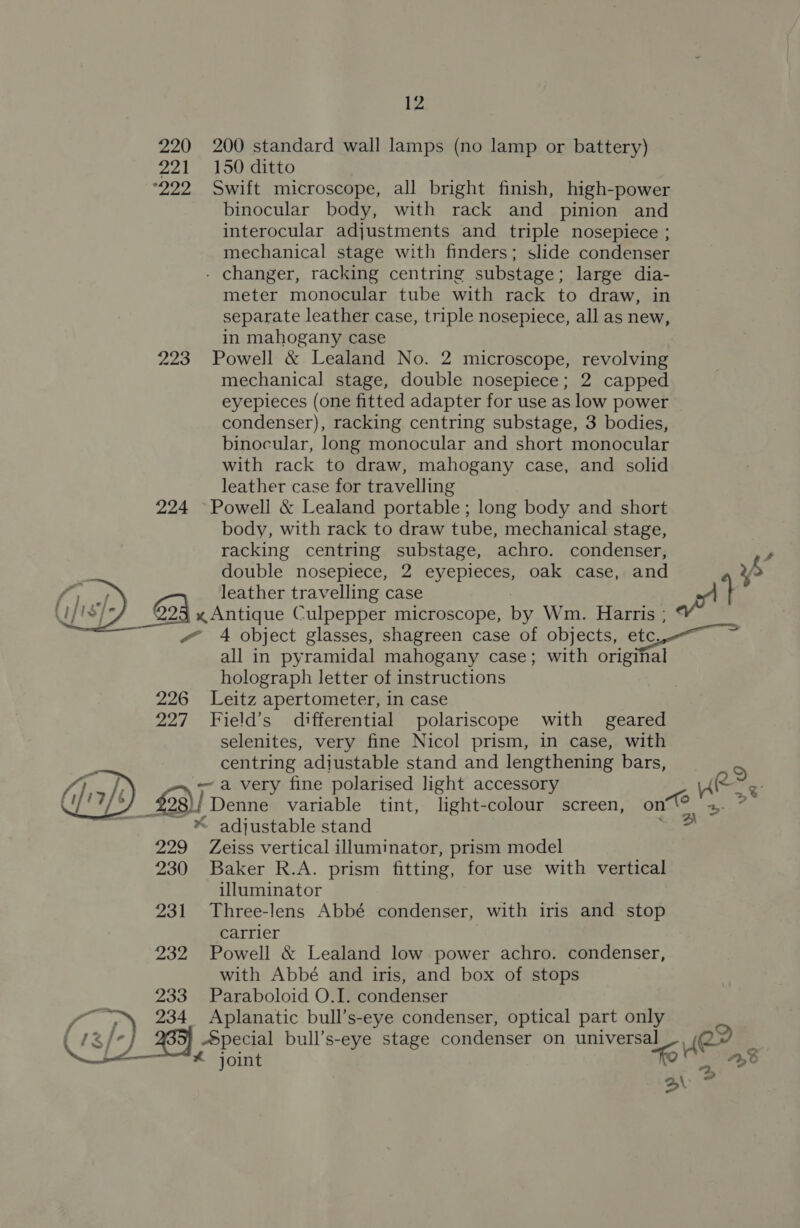   12 220 200 standard wall lamps (no lamp or battery) 221 150 ditto °222 Swift microscope, all bright finish, high-power binocular body, with rack and pinion and interocular adjustments and triple nosepiece ; mechanical stage with finders; slide condenser - changer, racking centring substage; large dia- meter monocular tube with rack to draw, in separate leather case, triple nosepiece, all as new, in mahogany case 223 Powell &amp; Lealand No. 2 microscope, revolving mechanical stage, double nosepiece; 2 capped eyepleces (one fitted adapter for use as low power condenser), racking centring substage, 3 bodies, binocular, long monocular and short monocular with rack to draw, mahogany case, and solid leather case for travelling 224 Powell &amp; Lealand portable; long body and short body, with rack to draw tube, mechanical stage, racking centring substage, achro. condenser, double nosepiece, 2 eyepieces, oak case, and x5 leather travelling case nt 23 x Antique Culpepper microscope, by Wm. Harris ; « 4 object glasses, shagreen case of objects, etc. all in pyramidal mahogany case; with original holograph letter of instructions 226 Leitz apertometer, in case 227 Field’s differential polariscope with geared selenites, very fine Nicol prism, in case, with centring adjustable stand and lengthening bars, — a very fine polarised light accessory \4 $28)! | Denne variable tint, light-colour screen, on‘! * adjustable stand ; 229 Zeiss vertical illuminator, prism model 230 Baker R.A. prism fitting, for use with vertical illuminator 231 Three-lens Abbé condenser, with iris and stop carrier 232 Powell &amp; Lealand low power achro. condenser, with Abbé and iris, and box of stops Paraboloid O.I. condenser Aplanatic bull’s-eye condenser, optical part only Special bull’s-eye stage condenser on universal Ae q * joint “fo “Eo 28 > o\