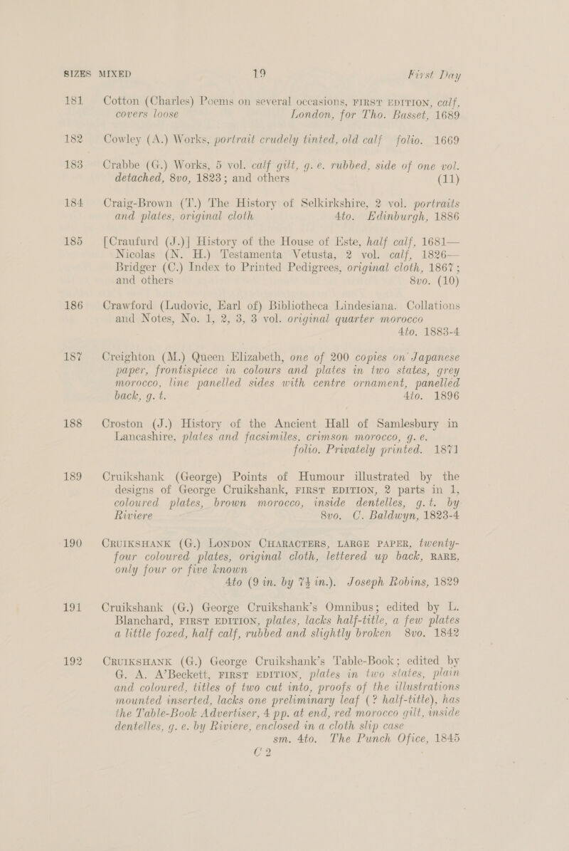 181 186 187 188 189 190 iL Cotton (Charles) Poems on several occasions, FIRST EDITION, calf, covers loose London, for Tho. Basset, 1689 Cowley (A.) Works, portrait crudely tinted, old calf folio. 1669 Crabbe (G.) Works, 5 vol. calf gilt, g.e. rubbed, side of one vol. detached, 8vo, 1823; and others (11) Craig-Brown (T.) The History of Selkirkshire, 2 vol. portraits and plates, original cloth 4to. Edinburgh, 1886 [Craufurd (J.)| History of the House of Este, half calf, 1681— Nicolas (N. H.) Testamenta Vetusta, 2 vol. calf, 1826— Bridger (C.) Index to Printed Pedigrees, original cloth, 1867 ; and others 8vo. (10) Crawford (Ludovic, Earl of) Bibliotheca Lindesiana. Collations and Notes, No. 1, 2, 3, 3 vol. original quarter morocco 4to. 1883-4 Creighton (M.) Queen Elizabeth, one of 200 copies on’ Japanese paper, frontispiece wm colours and plates in two states, grey morocco, line panelled sides with centre ornament, panelled back, g.t. 4to. 1896 Croston (J.) History of the Ancient Hall of Samlesbury in Lancashire, plates and facsimiles, crimson morocco, g. @. folio. Prwately printed. 1871 Cruikshank (George) Points of Humour illustrated by the designs of George Cruikshank, FIRST EDITION, 2 parts in 1, coloured plates, brown morocco, inside dentelles, g.t. by Riviere 8v0. C. Baldwyn, 1823-4 CRUIKSHANK (G.) LONDON CHARACTERS, LARGE PAPER, twenty- four coloured plates, original cloth, lettered up back, RARE, only four or five known 4to (9 in. by Th n.). Joseph Robins, 1829 Cruikshank (G.) George Cruikshank’s Omnibus; edited by L. Blanchard, FIRST EDITION, plates, lacks half-title, a few plates a little foxed, half calf, rubbed and slightly broken 8vo. 1842 CRUIKSHANK (G.) George Cruikshank’s Table-Book; edited by G. A. A’Beckett, FIRST EDITION, plates in two states, plain and coloured, titles of two cut into, proofs of the illustrations mounted inserted, lacks one preliminary leaf (? half-title), has the Table-Book Advertiser, 4 pp. at end, red morocco gilt, inside dentelles, g.e. by Riviere, enclosed in a cloth slip case sm. 4to. The Punch Ofvce, 1845 C2
