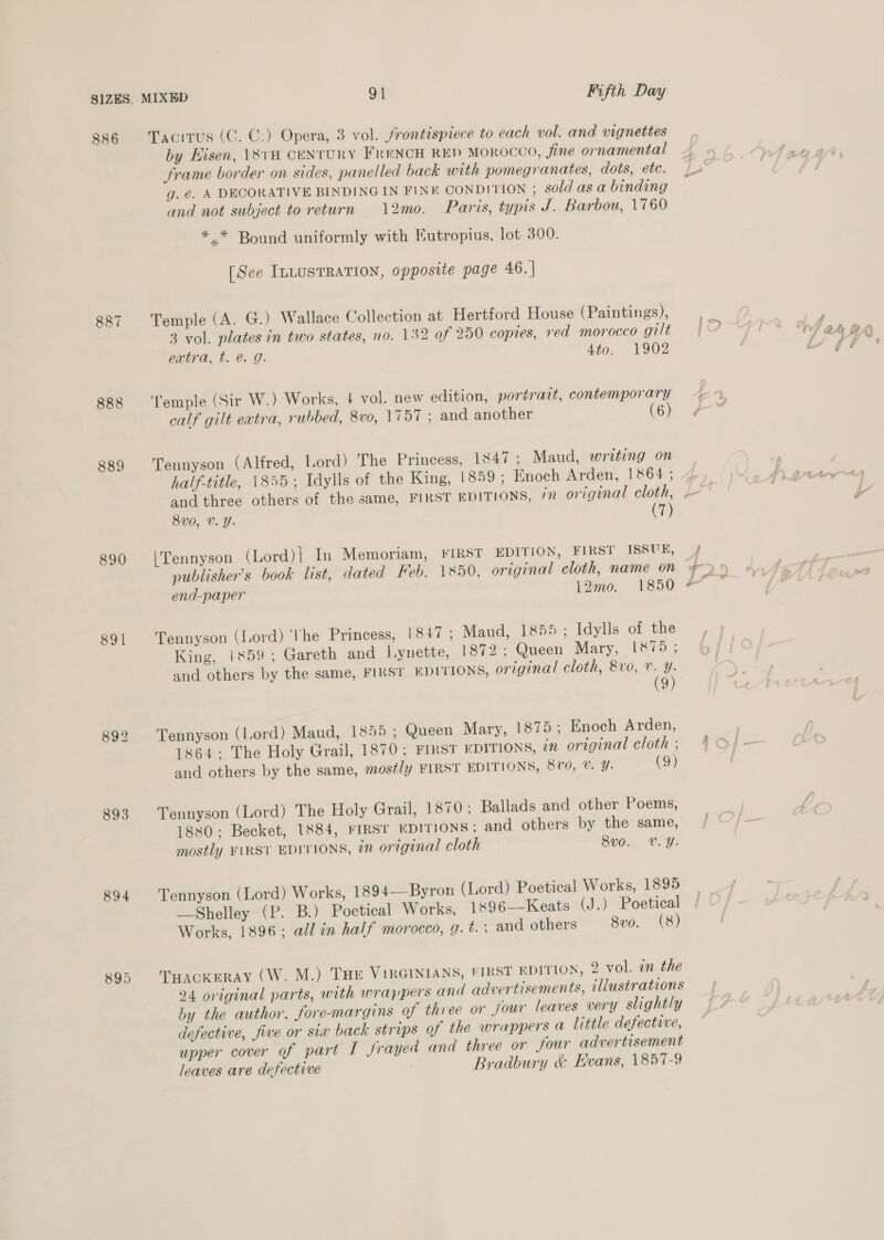 886 888 889 890 891 893 894 895 Tacitus (C. C.) Opera, 3 vol. frontispiece to each vol. and vignettes by Hisen, \81H CENTURY FRENCH RED MOROCCO, fine ornamental frame border on sides, panelled back with pomegranates, dots, ete. g. é. A DECORATIVE BINDING IN FINE CONDITION ; sold as a binding and not subject to return 12mo. Paris, typis J. Barbou, 1760 *,* Bound uniformly with Hutropius, lot 300. [See ILLUSTRATION, opposite page 46. | Temple (A. G.) Wallace Collection at Hertford House (Paintings), 3 vol. plates in two states, no. 132 of 250 copies, red morocco gilt extra, t. é@. g. 4to, 1902 ‘Temple (Sir W.) Works, + vol. new edition, portrait, contemporary calf gilt extra, rubbed, 8vo, 1757 ; and another (6) Tennyson (Alfred, Lord) The Princess, 1847; Maud, writeng on half-title, 1855; Idylls of the King, 1859; Enoch Arden, 1864 ; and three others of the same, FIRST EDITIONS, in original cloth, 8v0, v. Y. (7) | Tennyson (Lord)| In Memoriam, FIRST EDITION, FIRST ISSUE, publisher's book list, dated Feb. 1850, original cloth, name on end-paper 12mo. 1850 Tennyson (Lord) ‘the Princess, 1847; Maud, 1855 ; Idylls of the King, 1859; Gareth and Lynette, 1872: Queen Mary, [&amp;75 ; and others by the same, FIRST EDITIONS, original cloth, &amp;vo, v. Y. (9) Tennyson (lord) Maud, 1855 ; Queen Mary, 1875; Enoch Arden, 1864: The Holy Grail, 1870 ; FIRST EDITIONS, in original cloth ; and others by the same, mostly FIRST EDITIONS, Svo, Vv. Y. (9) Tennyson (Lord) The Holy Grail, 1870: Ballads and other Poems, 1880; Becket, 1884, FIRST EDITIONS ; and others by the same, mostly FIRST EDITIONS, a original cloth 8v0o. V.Y. Tennyson (Lord) Works, 1894—Byron (Lord) Poetical Works, 1895 Shelley (P. B.) Poetical Works, 189 6——Keats (J.) Poetical 0) THACKERAY (W. M.) TH VIRGINIANS, FIRST EDITION, 2 vol. in the 24 original parts, with wrappers and advertisements, illustrations by the author, fore-margins of three or four leaves very slightly defective, five or siaw back strips of the wrappers a little defective, upper cover of part I frayed and three or four advertisement leaves are defective Bradbury &amp; Evans, 1857-9 ' As
