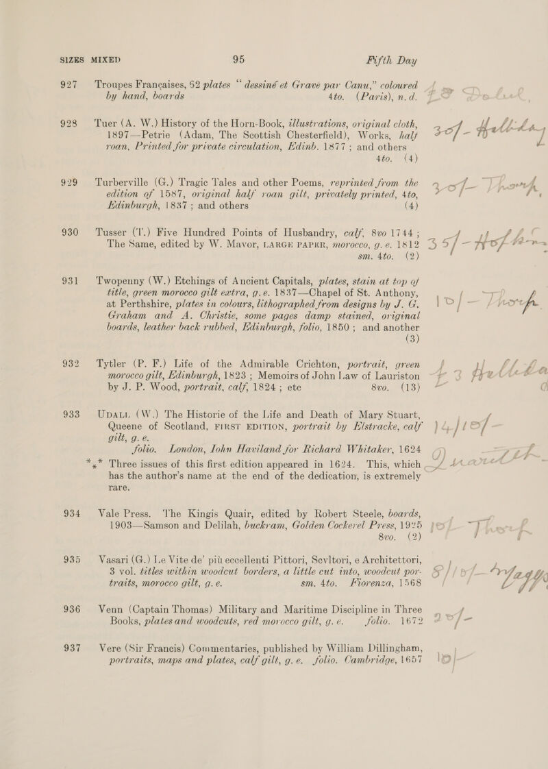 927 930 931 932 933 934 936 937 Troupes Francaises, $2 plates “ dessiné et Gravé par Canu,” coloured by hand, boards 4to. (Paris), n.d. Tuer (A. W.) History of the Horn-Book, ¢llustrations, original cloth, 1897—Petrie (Adam, The Scottish Chesterfield), Works, hal roan, Printed for private circulation, Edinb. 1877; and others 4to. (4) Turberville (G.) Tragic Tales and other Poems, reprinted from the edition of 1587, original half roan gilt, privately printed, 4to, Edinburgh, \837; and others (4) Tusser (I’.) Five Hundred Points of Husbandry, calf, 8vo 1744 ; The Same, edited ty W. Mavor, LARGE PAPER, morocco, g. e. 1812 sm. 4to. (2) Twopenny (W.) Etchings of Ancient Capitals, plates, stain at top of title, green morocco gilt extra, g.e. 1837—Chapel of St. Anthony, at Perthshire, plates in colours, lithographed from designs by J. G. Graham and <A. Christie, some pages damp stained, original boards, leather back rubbed, Kdinburgh, folio, 1850; and another (3) Tytler (P. F.) Life of the Admirable Crichton, portrait, green morocco gilt, Edinburgh, 1823 ; Memoirs of John ILaw of Lauriston by J. P. Wood, portrait, calf, 1824 ; ete 8v0. (13) Upau. (W.) The Historie of the Life and Death of Mary Stuart, Queene of Scotland, FIRST EDITION, portrait by Kilstracke, calf gilt, g. é. Solio. London, lohn Haviland for Richard Whitaker, 1624 has the author’s name at the end of the dedication, is extremely rare. Vale Press. ‘The Kingis Quair, edited by Robert Steele, boards, 1903—Samson and Delilah, buckram, Golden Cockerel Press, 1925 8v0. (2) Vasari (G.) le Vite de’ pit eccellenti Pittori, Sevltori, e Architettori, 3 vol. titles within woodcut borders, a little cut into, woodcut por- traits, morocco gilt, q. é. sm. 4to. Fiorenza, 1568 Venn (Captain Thomas) Military and Maritime Discipline in Three Books, plates and woodcuts, red morocco gilt, g. é. Solio. 1672 Vere (Sir Francis) Commentaries, published by William Dillingham, portraits, maps and plates, calf gilt, g.e. folio. Cambridge, 1657