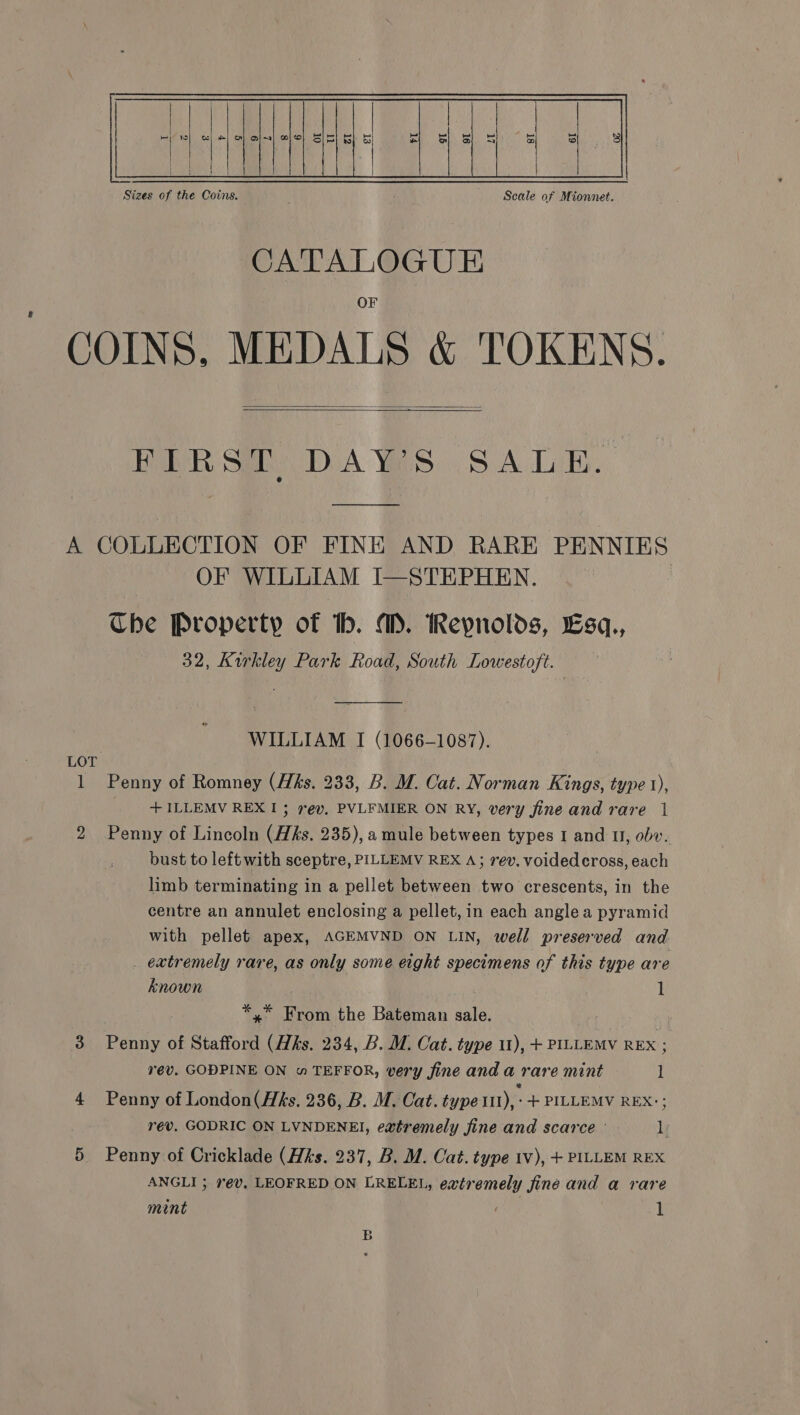 bo] Sizes of the Coins. Scale of Mionnet.  CATALOGUE COINS, MEDALS &amp; TOKENS.   BR Sei DoA Yes. SA Lali. A COLLECTION OF FINE AND RARE PENNIES OF WILLIAM I—STEPHEN. | Che Property of Ib. M. Repnolds, Esq, 32, Kurkley Park Road, South Lowestoft. | WILLIAM I (1066-1087). LOT : 1 Penny of Romney (ks. 233, B. M. Cat. Norman Kings, type 1), +ILLEMV REX 1; rey, PVLFMIER ON RY, very fine and rare 1 2 Penny of Lincoln (Hhks. 235), a mule between types I and U, obv. bust to left with sceptre, PILLEMV REX A; 7ev. voidedcross, each limb terminating in a pellet between two crescents, in the centre an annulet enclosing a pellet, in each angle a pyramid with pellet apex, AGEMVND ON LIN, well preserved and _ extremely rare, as only some eight specimens of this type are known 1 *,* From the Bateman sale. 3 Penny of Stafford (Hhks. 234, B. M. Cat. type 11), + PILLEMV REx ; rev. GODPINE ON w TEFFOR, very fine and a rare mint 1 4 Penny of London(Hks. 236, B. MM. Cat. type tit), -+ PILLEMV REX:; rev, GODRIC ON LVNDENEI, extremely fine and scarce — lL 5 Penny of Cricklade (Hks. 237, B. M. Cat. type tv), + PILLEM REX ANGLI ; 7éV, LEOFRED ON LRELEL, extremely fine and a rare mint 1 B