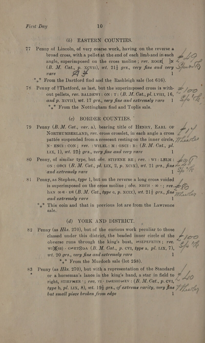 (b) EASTERN COUNTIES. 77. Penny of Lincoln, of very coarse work, having on the reverse a ; | broad cross, with a pellet at the end of each limb and in each o We it angle, superimposed on the cross moline; 7ev. RoGE| IN «2 sd ‘Pg (B. M. Cat., p. ae wt. 214 grs., very fine and very Y Fae! f rare 1 *.* From the Deion find and the Rashleigh sale (lot 616). 78. .Penny of ?Thetford, as last, but the superimposed cross is with- = out pellets, *ev. BALDEWI: ON: T: (B. M. Cat., pl. Lvl, 16, ~ - ‘ we, and p. XCVII), wt. 17 grs., very fine and extremely rare 1 @¢2% *&amp; *,* From the Nottingham find and Toplis sale. 4 9, (c) BORDER COUNTIES. ° 79 Penny (B. M. Cat., var. a), bearing title of HENry, EARL OF A uf NORTHUMBERLAND, rev. cross crosslet, in each angle a cross : pattée suspended from a crescent resting on the inner circle, 7/7 LeaStih N: ENCI: CON; 7¢ev. : WILEL: M: ONCI: B: (B. M. Cat., pl. LIX, 1), wt. 224 grs., very fine and very rare 1 Pd enn, 80 Penny, of similar type, but obv. STIFENE RE; 7ev. : WI: LELM: £2 ha on: oper (B. M. Cat., pl. ux, 2, p. XCIX), wt. 21 grs., fine? © ‘and extremely rare 1 Shes A . 81 Penny, as Stephen, ¢ype 1, but on the reverse a long cross voided ¥ is superimposed on the cross moline ; 0bv, NECH : © -; rev. sigs han o04- Ed (B. M. Cat., type c, p. nae wt. 214 grs., fine», and extremely rare Ra *,* This coin and that in previous lot are from the Lawrence sale. (d) YORK AND DISTRICT. 82 Penny (as Hks. 270), but of the curious work peculiar to those 7 . classed under this district, the beaded inner circle of the $/ol obverse runs through the king’s bust, “SEPEFETIX; 1¢v. 4 WIXX¥sk) - GUET@&gt;2a (B. M. Cat., p. ovi, type a, pl. ix, 7), °F “© wt. 20 grs., very fine and extremely rare Re: *,* From the Murdoch sale (lot 258). 83 Penny (as Hhks. 270), but with a representation of the Standard or a horseman’s lance in the king’s hand, a star in field to * /,.« right, STIEFMER *; rev, VI‘ DUESIOUEV : (B. M. Cat., p. cv, ~~ type b, pl. LIX, 8), wt. 19% grs., of extreme rarity, very jine Vi i but small piece broken from edge ye ag