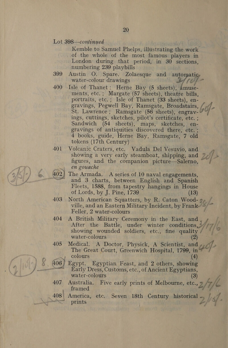 399 400 401 Kemble to Samuel Phelps, illustrating the work of the whole of the most famous players in London: during that period, in 30 Sections, numbering 239 playbills . Austin O. Spare. Zolaesque and automatic, water-colour drawings Mh AD hot Isle of Thanet: Herne Bay (5 peaiehel muse- ments, etc. ; Margate (57 sheets), theatre bills, portraits, etc.; Isle of Thanet (33 sheets), en- gravings, Pegwell Bay, Ramsgate, Broadstairs, (i). St. Lawrence; Ramsgate (56 sheets), engrav- i ings, cuttings, ‘sketches, pilot’s certificate, etc. Sandwich (54 sheets), maps, sketches, en- gravings of antiquities discovered there, etc. ; 4 books, guide, Herne Bay, Ramsgate, 7 old tokens (17th Century) Volcanic Craters, etc. Vadula Del Vesuvio, and “a showing a very early steamboat, shipping, and %y’/ » figures, and the companion picture—Salerno, ~ / en gouache 403 404 405 407 i and 3 charts, between English and Spanish Fleets, 1588, from tapestry hangings in House of Lords, by J. Pine, 1739 (13) North American Squatters, by R. Caton Wood- ville, and an Eastern Military Incident, by Frank - Feller, 2 water-colours . A British Military Ceremony in the East, and f After the Battle, under winter conditions, 2 ” vhf f showing wounded soldiers, etc., fine quality i J dy. water-colours (2) Medical. A Doctor, Physick, A Scientist, and 7: “Ue The Great Court, Greenwich Hospital, 1799, in yep » colours (4) 406 } Egypt. Egyptian Feast, and 2 others, showing “we Early Dress, Customs, ete. , of Ancient Egyptians, water-colours 3) ota Australia. Five early prints of Melbourne, etc., Bf, oH, framed ak America, etc. Seven 18th Century historical -~ J &lt;7. prints : os gh