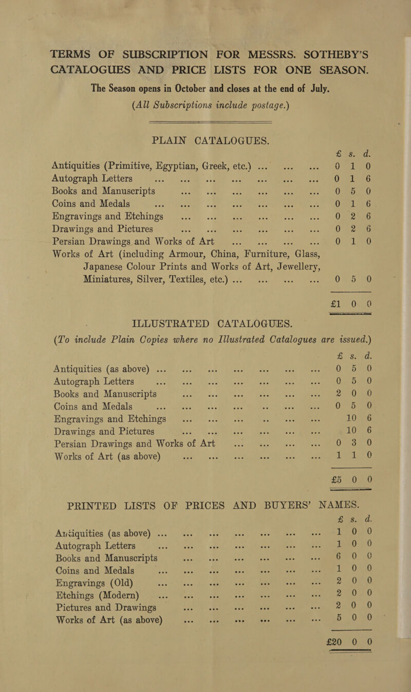 TERMS OF SUBSCRIPTION FOR MESSRS. SOTHEBY’S CATALOGUES AND PRICE LISTS FOR ONE SEASON. The Season opens in October and closes at the end of July. (All Subscriptions include postage.) PLAIN CATALOGUES. Ease Antiquities (Primitive, ashen Greek, Claas OI ee Autograph Letters ey ee 0 Stas Books and Manuscripts O42 6.7.0 Coins and Medals Orel es Engravings and Etchings 0272558 Drawings and Pictures 92s Persian Drawings and Works of Ave + QO: iat Works of Art (including Armour, China, ie ine) ‘Gis Japanese Colour Prints and Works of Art, J ar Miniatures, Silver, Textiles, etc.) .. Be oct eae! eee a £1 Owe ILLUSTRATED CATALOGUES. (To include Plain Copies where no Illustrated Catalogues are issued.) &amp; Sod. Antiquities (as above) ... 07 55.0 Autograph Letters hail! Deweusy, ge moll obtp ee itis ily yee tama Crna Books and Manuscripts eagc) sell Mase gewem pp acne Sumy annem rn Coins and Medals Ov <br ae Engravings and Etchings 106 Drawings and Pictures bs LOS .6 Persian Drawings and Works of Art Oveerau Works of Art (as above) La £5 0 0 PRINTED LISTS OF PRICES AND BUYERS’ NAMES. £2. a. Antiquities (as above) ... ier ay Autograph Letters 50 0 Books and Manuscripts a 0 70 Coins and Medals eee MOE Engravings (Old) Pe ee me a Etchings (Modern) 2 0 ¢ 9 Pictures and Drawings peat 20 Works of Art (as above) Bote See th rw) oO i) o