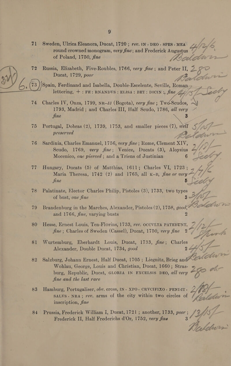 71 Sweden, Ulrica Eleanora, Ducat, 1720; rev. 1N.DEO.SPES.MEA 4, //> 2 round crowned monogram, very fine; and Frederick Augustus ‘ / . of Poland, 1750, jfine Z hie oCe “VN 72 Russia, Elizabeth, Five-Roubles, 1766, very fine; and Peter II, 2 : orf f) Ducat, 1729, poor eZ he ey ; ee G W\/ (73) LPP os Ss, uit 73 ))Spain, Ferdinand and Isabella, Double-Escelente, Seville, Roman 74 Charles IV, Onza, 1799, Nr—ss (Bogota), very fine ; Teese TA 1793, Madrid ; and Charles III, Half Scudo, 1786, all very ~ jine Nes 75 Portugal, Dobras (2), 1739, 1753, and smaller pieces (7), well 3: 7. preserved JAF 76 Sardinia, Charles Emanuel, 1756, very fine; Rome, Clement XIV, . LO/ Seudo, 1769, very fine; pence Ducats (3), Aloysius +7 ” Mocenico, one pierced ; and a Triens of Justinian 6 ‘le 77 Hungary, Ducats (5) of Matthias, 1611; Charles VI, 1723; _ Z Maria Theresa, 1742 (2) and 1765, all K—B, fine or very j jine 6 eae 78 Palatinate, Klector Charles Philip, Pistoles (3), 1733, two types «5 “7 of bust, one fine 3 Gt iA  79 Brandenburg in the Marches, Alexander, Pistoles (2), 1758, good, A and 1766, fine, varying busts 2 80 Hesse, Ernest Louis, Ten-Florins, 1733, ev. OCCVLTA PATEBUNT, A> fine; Charles of Sweden (Cassel), Ducat, 1750, very fine 2 ‘ : F <A i, (viii 81 Wurtemburg, Eberhardt Louis, Ducat, 1733, fine; Charles = / © Alexander, Double Ducat, 1734, good 2 of) f - 82 Salzburg, Johann Ernest, Half Ducat, 1705 ; Liegnitz, Brieg andre sa Wohlau, George, Louis and Christian, eee 1660; Stras- » = burg, Republic, Ducat, GLORIA IN FXCELSIS DEO, all very © AW jine and the last rare f ‘ »~ KK), 83 Hamburg, Portugaliser, obv. cross, IN- XPO. CRVCIFIXO. PENDIT- LG SALVS. NRA; rev. arms of the city within two circles of ( 47, yo¥. inscription, fine aSite f 84 Prussia, Frederick William I, Ducat, 1721 ; another, 1733, poor ; 44 Frederick II, Half Frederichs d’Or, 1752, very fine 3¢ “4