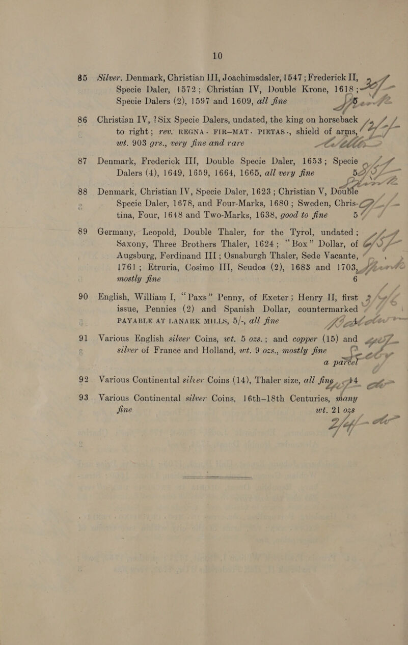 85 86 87 88 89 90 91 93 10 Specie Dalers (2), 1597 and 1609, all fine ier 1oJS to right; rev. REGNA- FIR—MAT. PIETAS., shield of arms,” */_/ VIL | ee ari ZA mate Jine ' ff 6 be J - a a pe jine 16th—-18th earns Wade el OZS   ae