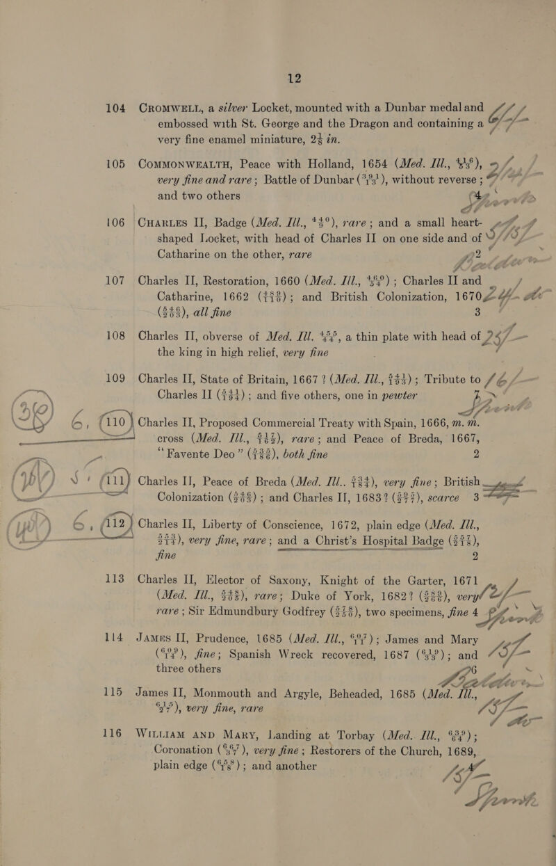 104 CROMWELL, a silver Locket, mounted with a Dunbar medal and fo/- embossed with St. George and the Dragon and containing a -_—- very fine enamel miniature, 24 in. 105 ComMMONWEALTH, Peace with Holland, 1654 (Med. JIl., 41,6). f very fineand rare; Battle of Dunbar (32 3), without reverse ; and two others C whe a é 106 CHARLES II, Badge (Med. Iil., *$°), rare; and a small heart- 4 Ip A shaped Iocket, with head of Charles I on one side and of Wf) | Catharine on the other, rare j 2 Bs 107 Charles II, Restoration, 1660 (Med. Jil., *%°) ; Charles I ene eer Catharine, 1662 (743); and British Colonization, 1670Z - Y- , ‘a (338), all fine 3 108 Charles II, obverse of Med. Jil. *7:°, a thin plate with head of 29/- the king in high relief, very fine A 109 Charles II, State of Britain, 1667 ? (Med. Jll., 3$3); Tribute to (6/ ae Charles II (254) ; and five others, one in pewter Ps, f -» \ 3 [fs - } << fé + eee Charles II, Proposed Commercial Treaty with Spain, 1666, m. m. cross (Med. Iil., 43%), rare; and Peace of Breda, 1667, ‘Favente Deo ” (222), both Kine 2  ) ] p ) P (111) Charles IJ, Peace of Breda (Med. J1l.. $234), very fine; British —_. oo — = Colonization (3#$) ; and Charles IT, 1683? ($23), scarce 3 =  b> , fil2 12) Charles II, Liberty of Conscience, 1672, plain edge (Med. Jil., ee ott), very fine, rare ; and a _ Christ's Hospital Badge (324), Jjine 9  113 Charles II, Elector of Saxony, Knight of the Garter, 1671 (Med. Ill., $$$), rare; Duke of York, 1682? (332), wre rare; Sir Edmundbury Godfrey (343), two specimens, fine ‘In as 114 James II, Prudence, 1685 (Med. Jil., °°’); James and Mary (°2), fine; Spanish Wreck recovered, 1687 (°°); and fl three others 7 one F | PILGACU by. 115 James II, Monmouth and Argyle, Beheaded, 1685 (Med. Jil., eee “I? ), very fine, rare 1S /-— ¢ aa 116 WittiAM AND Mary, Landing at Torbay (Med. Ill., %%#); Coronation (%°;'), very fine; Restorers of the Church, 1689, plain edge (8 °°); and another 