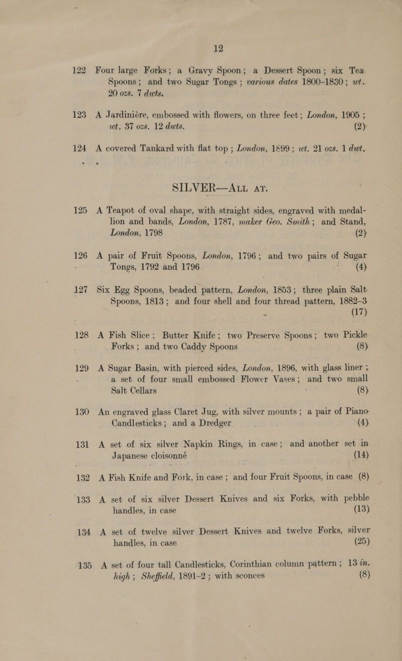 125 126 127 128 129 130 131 133 134 135 12 Four large Forks; a Gravy Spoon; a Dessert Spoon; six Tea Spoons; and two Sugar Tongs ; various dates 1800-1830; wt. 20 ozs. 7 dwts. A Jardiniére, embossed with flowers, on three feet; London, 1905 ; wt. 87 ozs. 12 duts. (2): A covered Tankard with flat top ; London, 1899 ; wt. 21 ozs. 1 dut. &amp; SILVER—ALL ar. A Teapot of oval shape, with straight sides, engraved with medal- lion and bands, London, 1787, maker Geo. Smith; and Stand, London, 1798 (2); A pair of Fruit Spoons, London, 1796; and two pairs of Sugar Tongs, 1792 and 1796 a Six Egg Spoons, beaded pattern, London, 1853; three plain Salt: Spoons, 1813; and four shell and four thread pattern, 1882-3. | (17) A Fish Slice; Butter Knife; two Preserve Spoons; two Pickle Forks ; and two Caddy Spoons | (8) A Sugar Basin, with pierced sides, London, 1896, with glass liner ; a set. of four small embossed Flower Vases; and two small Salt Cellars : : (8) An engraved glass Claret Jug, with silver mounts; a pair of Piano Candlesticks; and a Dredger pia (4) A set .of six silver Napkin Rings, in case; and another set in. Japanese cloisonné 7 (14) A Fish Knife and Fork, in case; and four Fruit Spoons, in case (8) A set of six silver Dessert Knives and six Forks, with pebble handles, in case (13) A set of twelve silver Dessert Knives and twelve Forks, silver handles, in case (25) A set of four tall Candlesticks, Corinthian column pattern; 13 i.