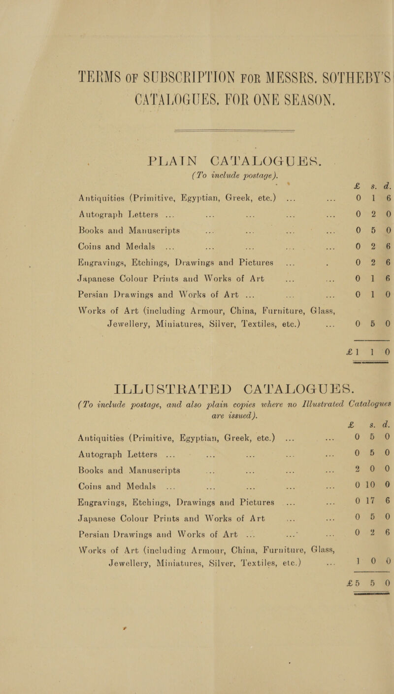 TERMS or SUBSCRIPTION For MESSRS, SOTHEBY'S: CATALOGUES, FOR ONE SEASON,   PLAIN CAVA OG I Bie. (To include postage). ‘ £. a Antiquities (Primitive, Egyptian, Greek, etc.) O 1s Autograph Letters 0 2 0 Books and Manuscripts 0 5s Coins and Medals 0 2a Kngravings, Etchings, Drawings and Pictures 0 2 Japanese Colour Prints and Works of Art O las Persian Drawings and Works of Art ... 0 tay Works of Art (including Armour, China, Furniture, Glass, Jewellery, Miniatures, Silver, Textiles, etc.) 0 Sap £1 Pap ILLUSTRATED CATALOGUES. (To include postage, and also plain copies where no Illustrated Catalogues are issued ). | £ samme Antiquities (Primitive, Egyptian, Greek, etc.) ... eg 0 B50 Autograph Letters: ...5 -2 sn; ie oe ree 0 S40 Books and Manuscripts eA sik rae a 2 tee Coins and Medals... ae oe ae Sa 010 90 Engravings, Etchings, Drawings and Pictures... ae 0 as Japanese Colour Prints and Works of Art oe: eu 0 5 O Persian Drawings and Works of Art ... wae a 0 29555 Works of Art (including Armour, China, Furniture, Glass, Jewellery, Miniatures, Silver, Textiles, etc.) we 1 Ome £) oe