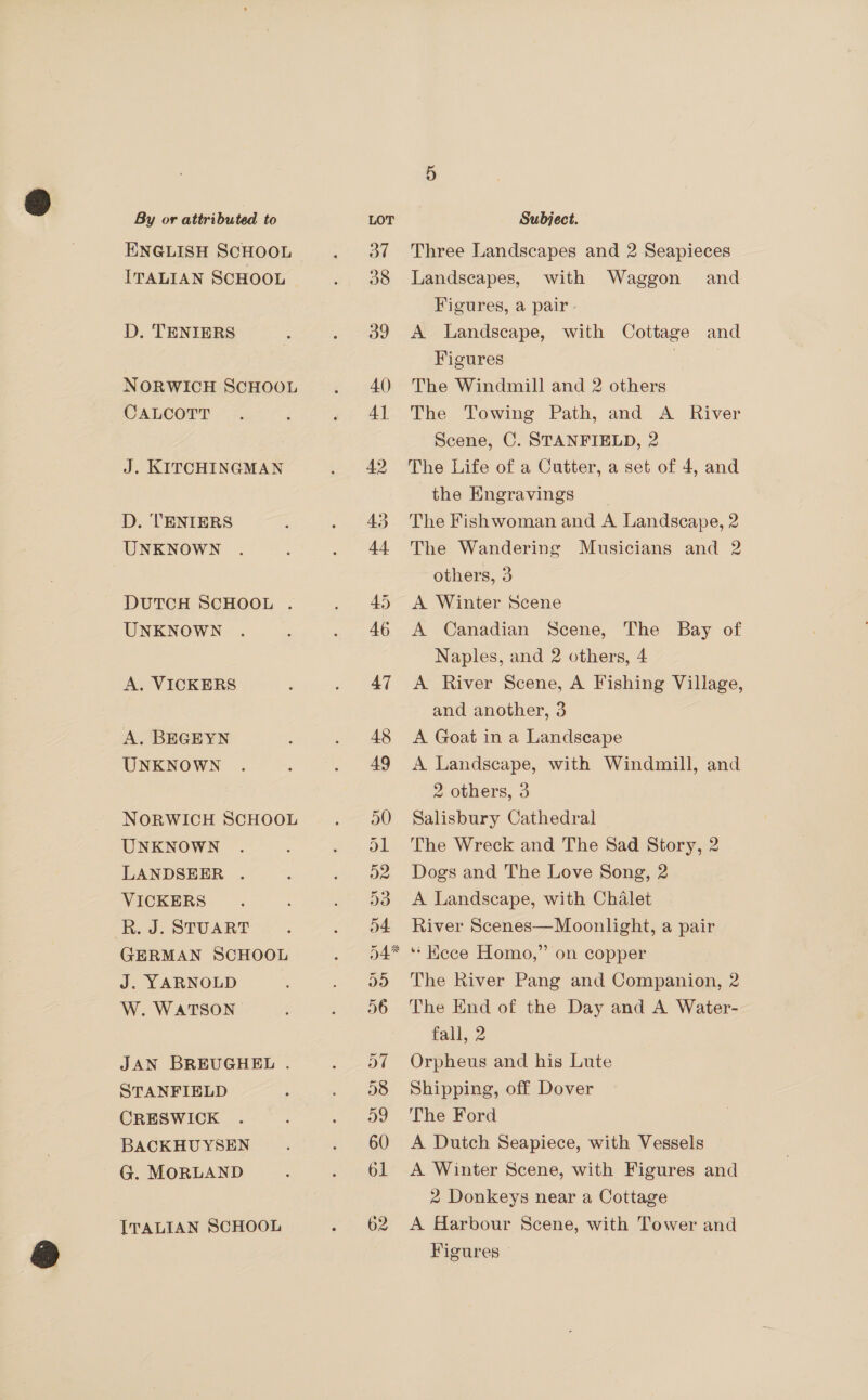 ENGLISH SCHOOL ITALIAN SCHOOL D. TENIERS NORWICH SCHOOL CALCOTT J. KITCHINGMAN D. TENIERS UNKNOWN DUTCH SCHOOL . UNKNOWN A. VICKERS A. BEGEYN UNKNOWN NORWICH SCHOOL UNKNOWN LANDSEER . VICKERS GERMAN SCHOOL J. YARNOLD W. WATSON JAN BREUGHEL . STANFIELD CRESWICK BACKHUYSEN G. MORLAND ITALIAN SCHOOL Three Landscapes and 2 Seapieces Landscapes, with Waggon and Figures, a pair - A Landscape, with Cottage and Figures | The Windmill and 2 others The Towing Path, and A River Scene, C. STANFIELD, 2 The Life of a Cutter, a set of 4, and the Engravings The Fishwoman and A Landscape, 2 The Wandering Musicians and 2 others, 3 A Winter Scene A Canadian Scene, The Bay of Naples, and 2 others, 4 A River Scene, A Fishing Village, and another, 3 A Goat in a Landscape A Landscape, with Windmill, and 2 others, 3 Salisbury Cathedral The Wreck and The Sad Story, 2 Dogs and The Love Song, 2 A Landscape, with Chalet River Scenes—Moonlight, a pair The River Pang and Companion, 2 The End of the Day and A Water- fall, 2 Orpheus and his Lute Shipping, off Dover The Ford A Dutch Seapiece, with Vessels A Winter Scene, with Figures and 2 Donkeys near a Cottage A Harbour Scene, with Tower and Figures